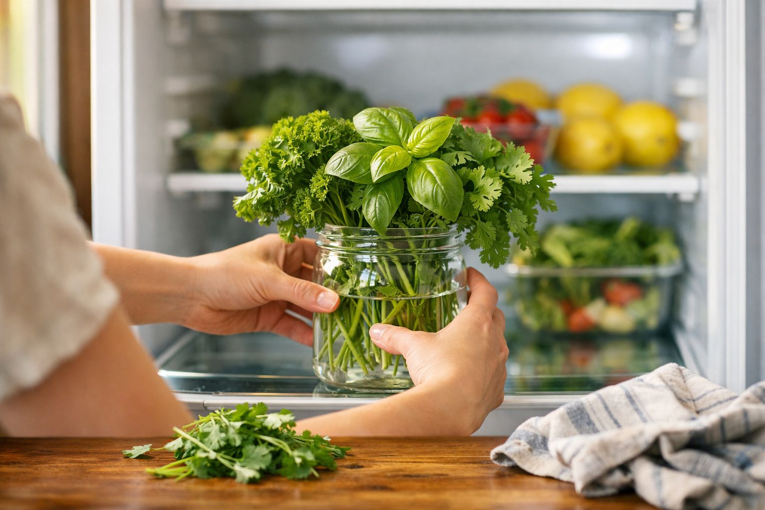 Pessoa a guardar num frasco com água ervas frescas numa cozinha com frigorífico aberto ao fundo.