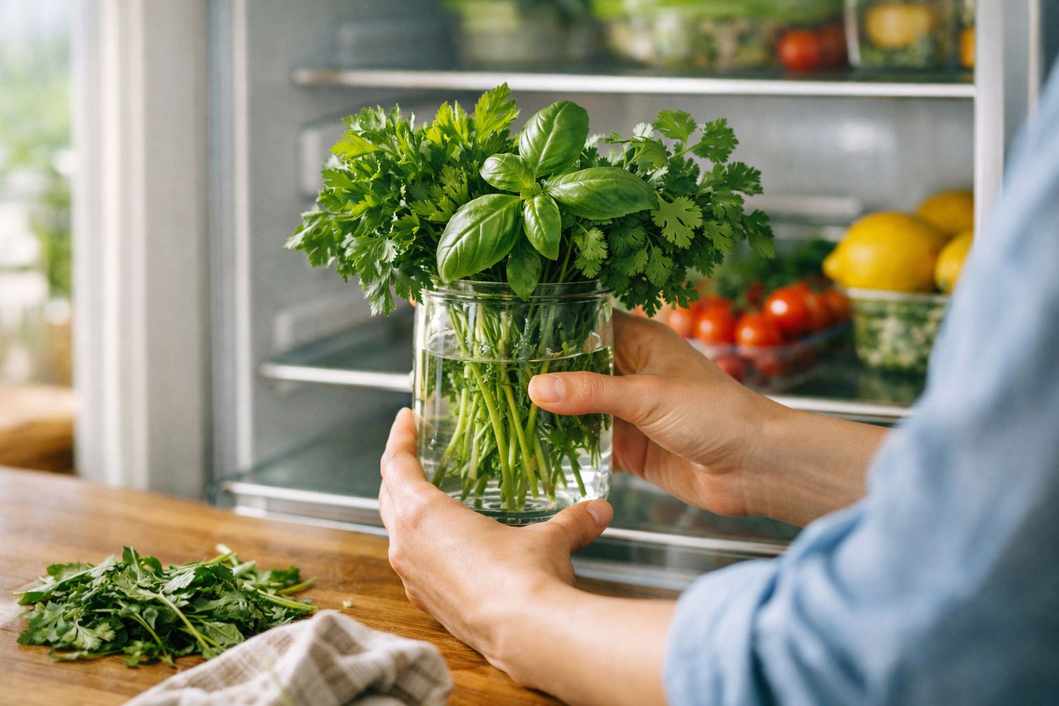 Mãos seguram copo com ervas frescas em cozinha, com alimentos visíveis ao fundo.