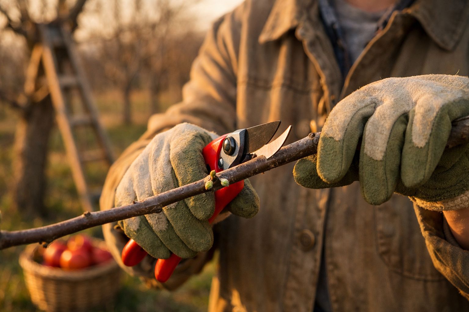 Mãos com luvas a podar ramo com tesoura de poda vermelha num pomar ao pôr do sol.