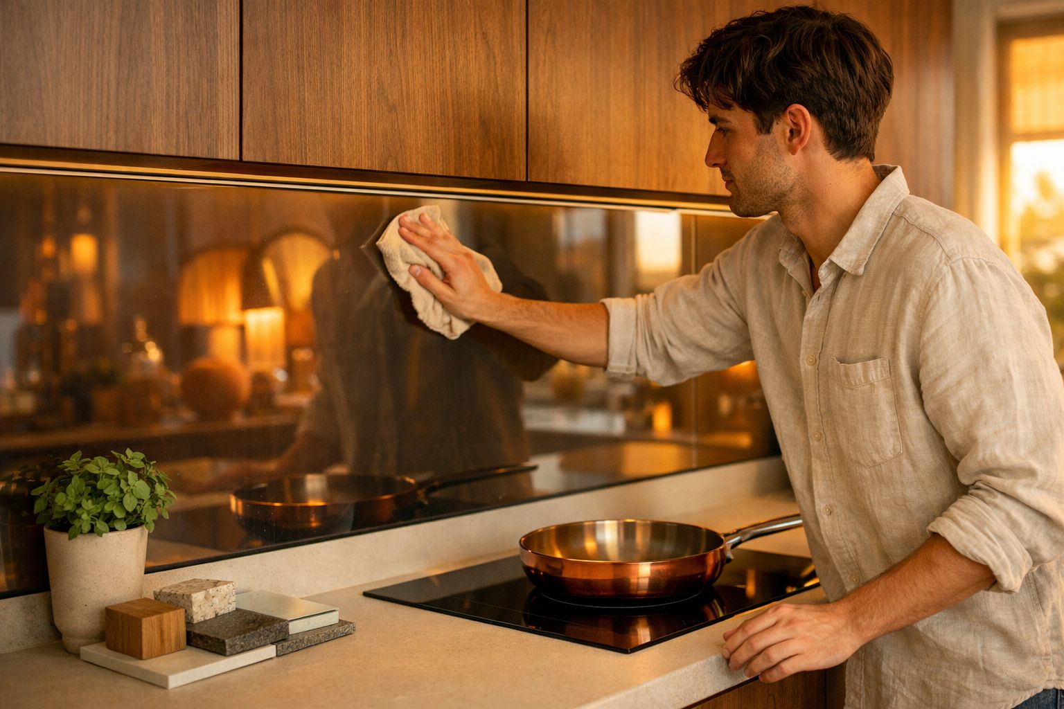 Homem limpa a chapa da cozinha com um pano numa cozinha moderna e bem iluminada.