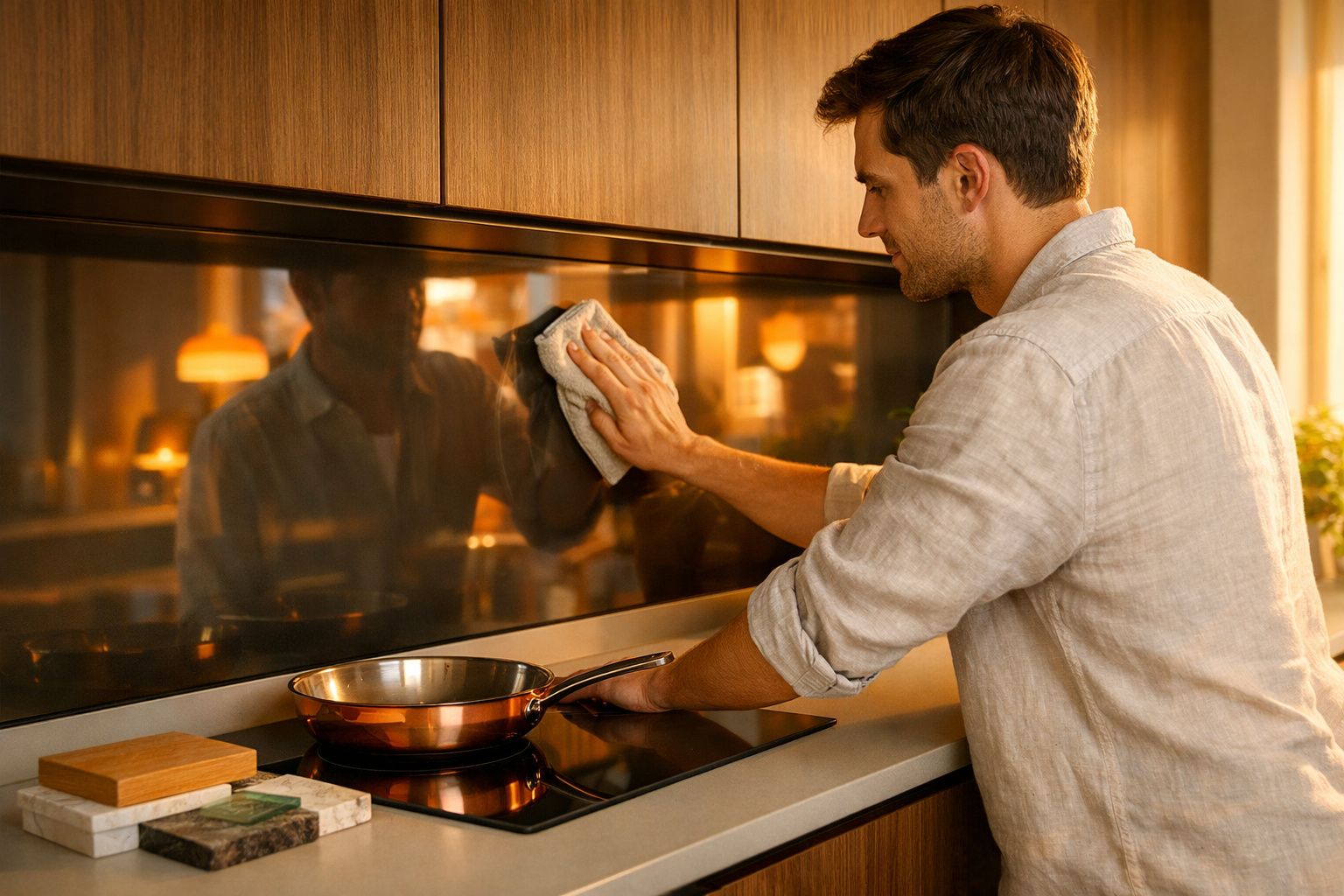 Homem a limpar vidro da cozinha junto ao fogão com frigideira e pano na mão numa cozinha moderna.