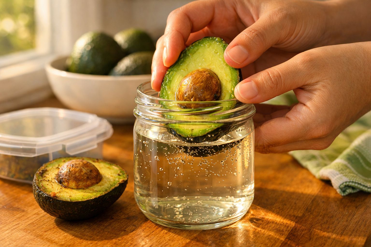 Mãos mergulhando meio abacate em água com gás num frasco, com abacates e recipiente ao fundo.