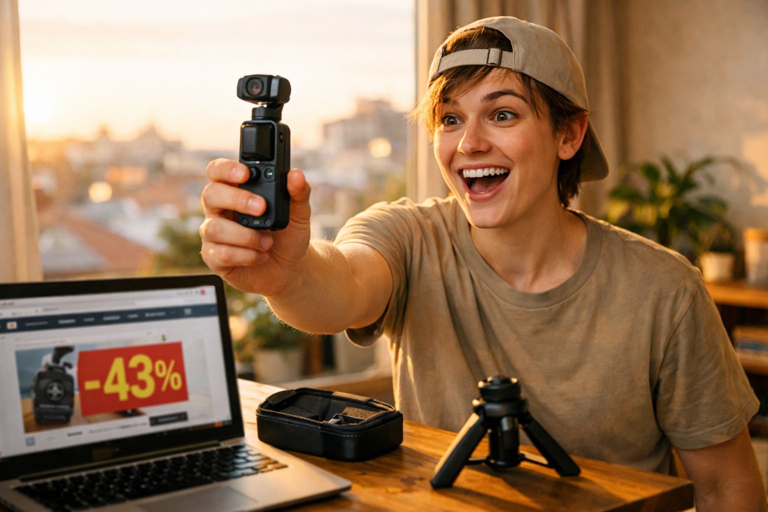 Pessoa jovem alegre com boné capturando vídeo com câmara de ação em espaço interior iluminado.