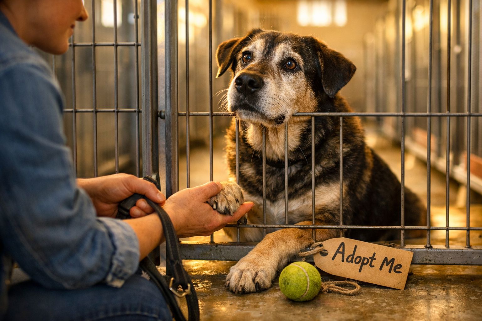 Cão num abrigo a segurar a pata de uma pessoa, com placa "Adopt Me" e bola junto à grade.