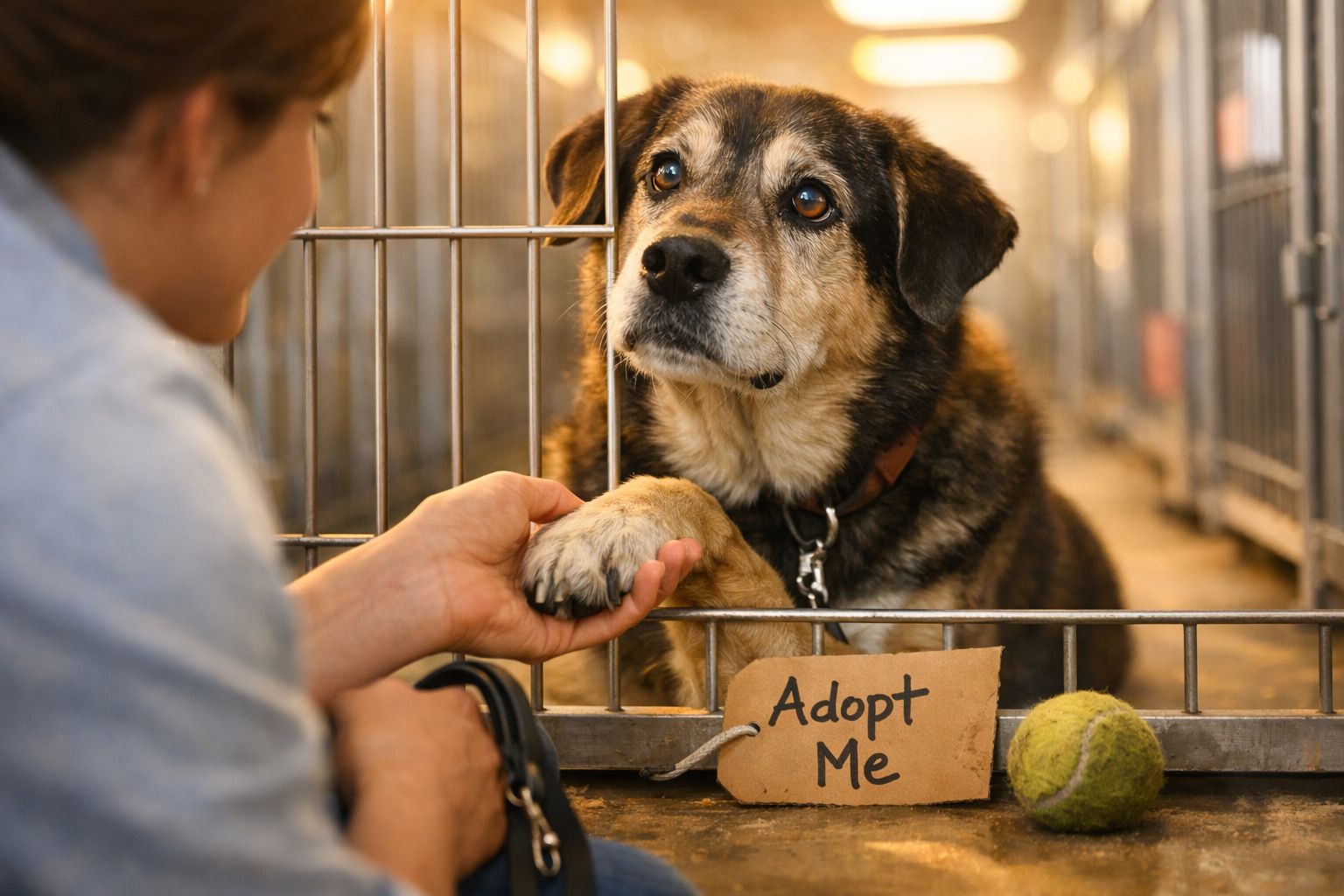 Cão numa gaiola de abrigo com placa “Adopt Me” e pessoa a segurar a sua pata.