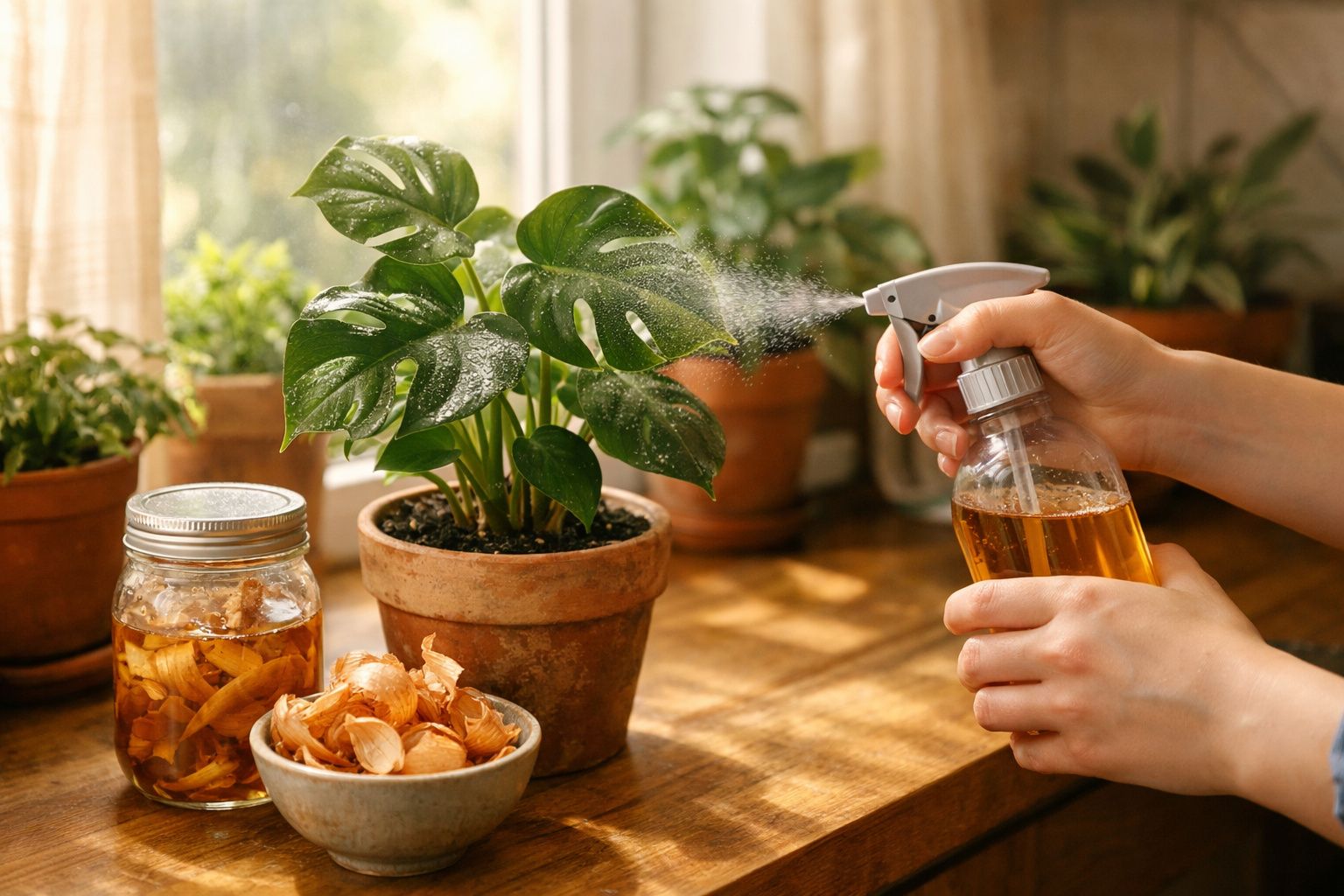 Pessoa a pulverizar planta verde em vaso de barro numa mesa de madeira com luz natural.