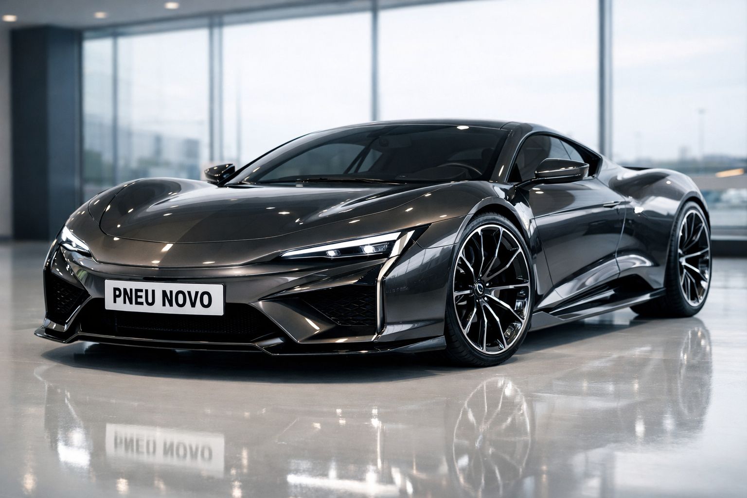 Carro desportivo preto brilhante estacionado em piso reluzente com placa "PNEU NOVO".