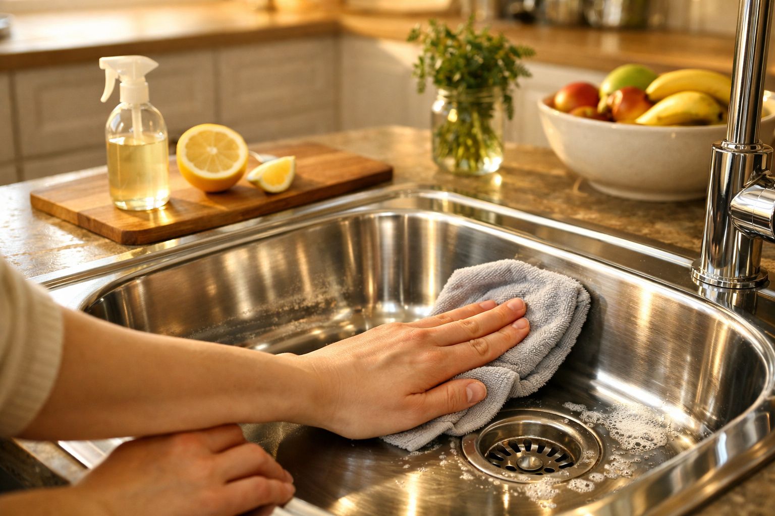 Pessoa a limpar uma pia de aço inoxidável com um pano cinzento numa cozinha iluminada.