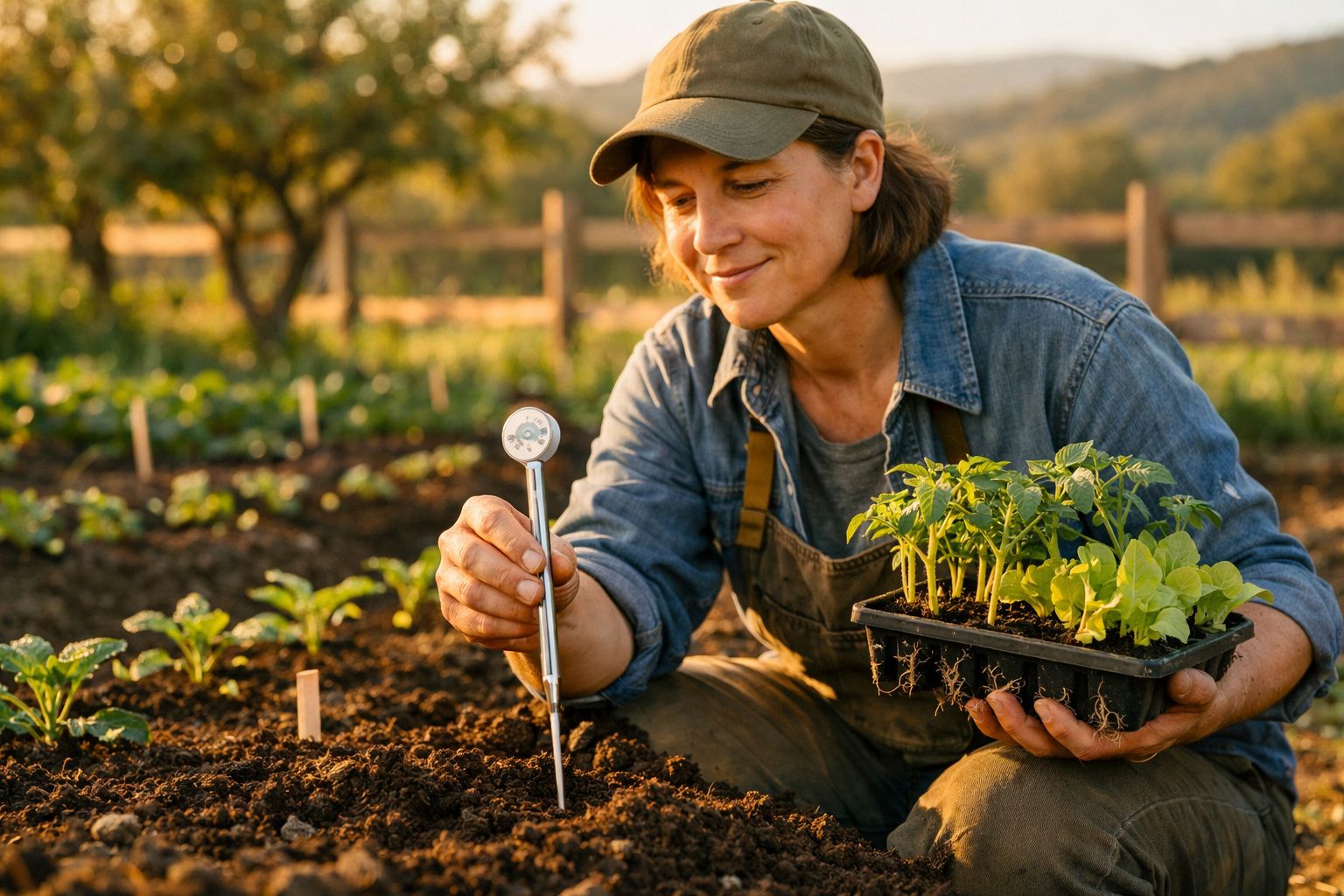 Mulher medindo a humidade do solo num campo enquanto segura um tabuleiro com plantas jovens.