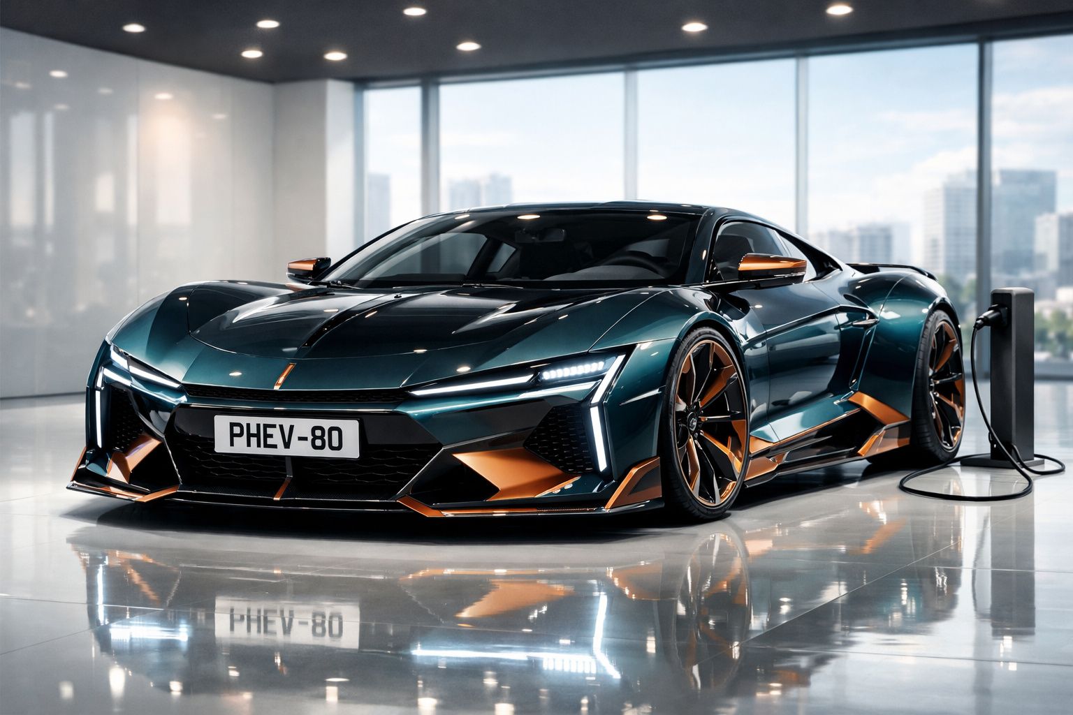 Carro elétrico desportivo luxuoso verde escuro com detalhes em cobre a carregar numa estação interior.