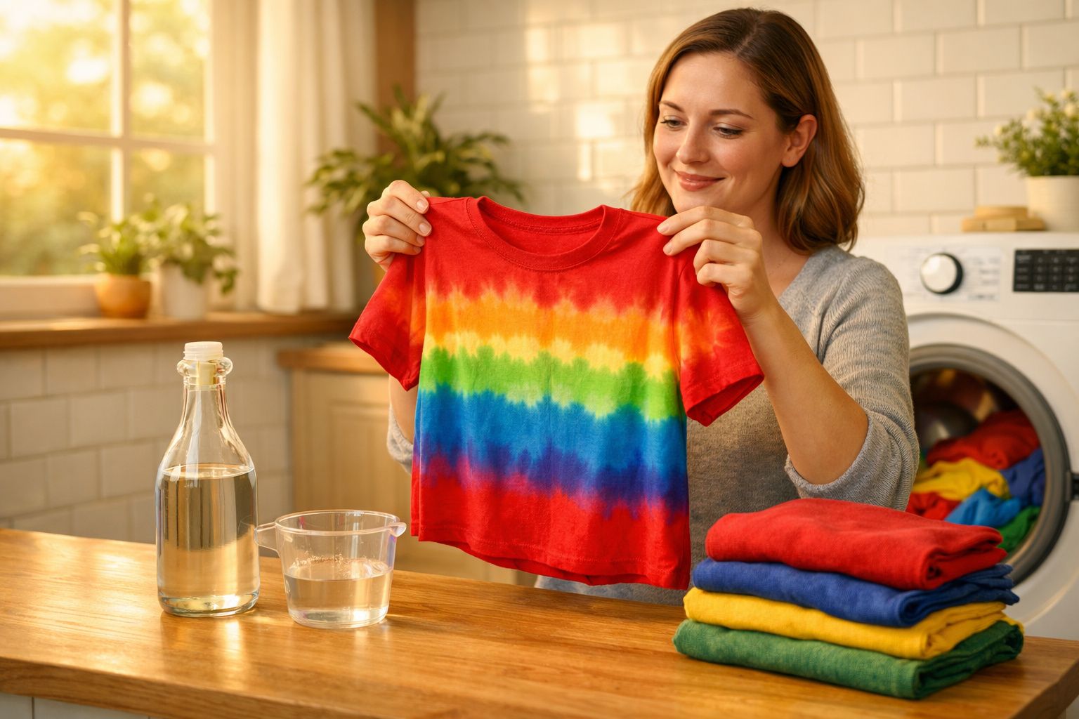 Mulher sorridente segura uma camisola infantil tie-dye colorida, junto a roupa dobrada e máquina de lavar.