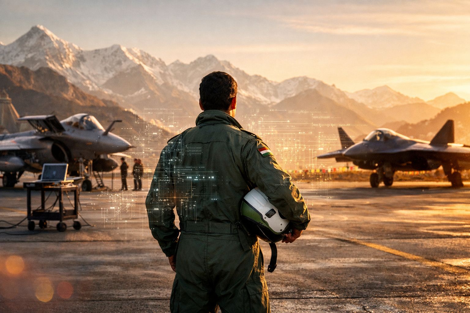 Piloto militar com fato verde e capacete na mão observa dois jatos de combate numa pista ao pôr do sol.
