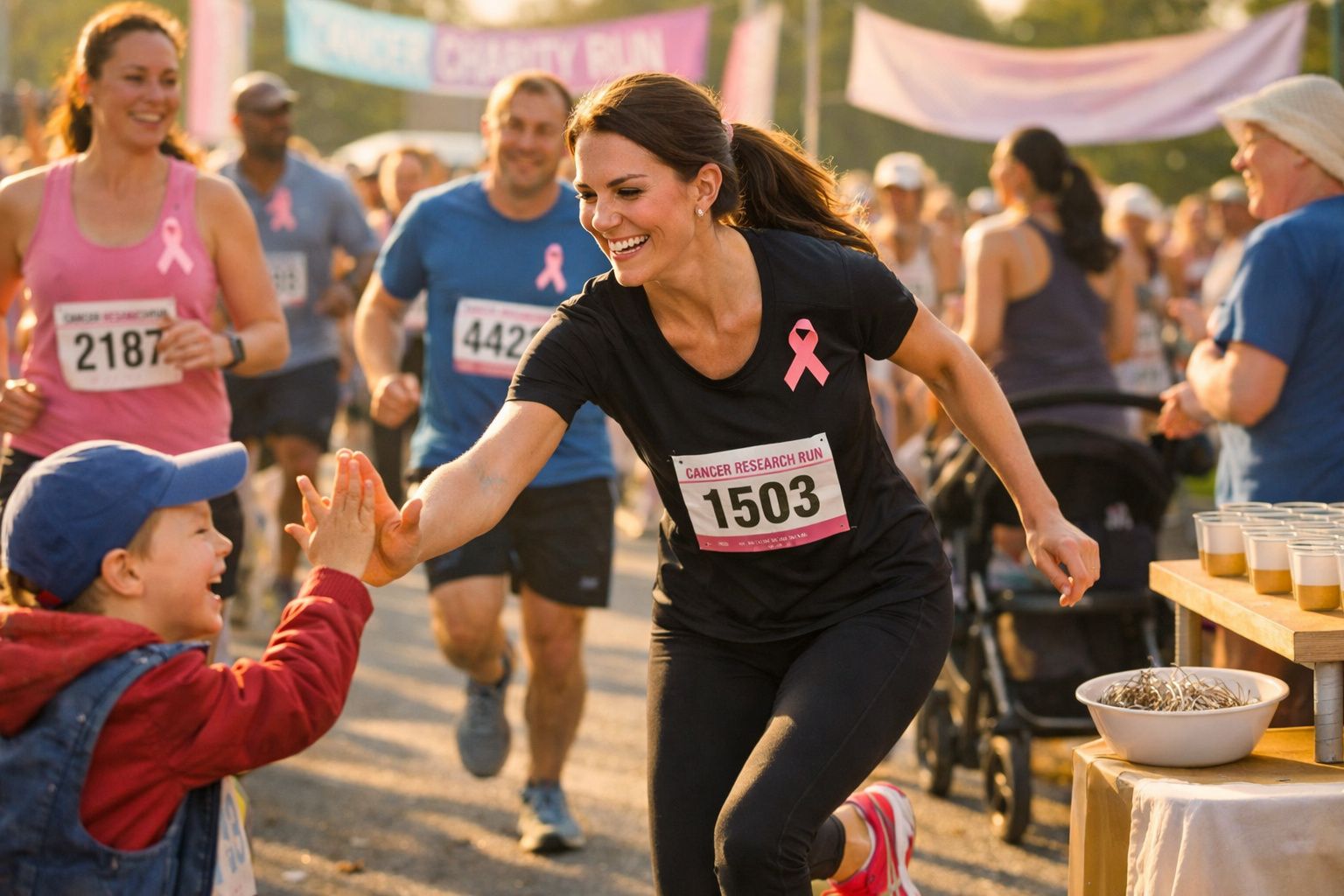 Mulher sorridente com camisola preta e laço rosa a fazer high five a criança durante corrida solidária.