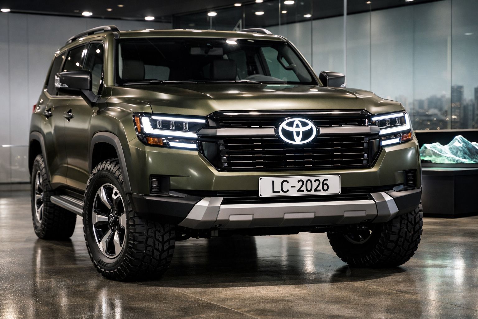 SUV Toyota Land Cruiser verde-escuro estacionado em ambiente interior moderno.