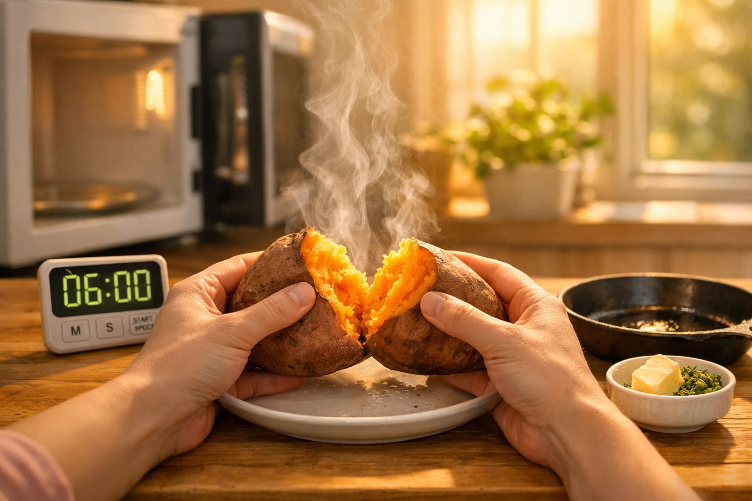 Mãos a partir uma batata-doce quente fumegante sobre prato numa cozinha iluminada e acolhedora.