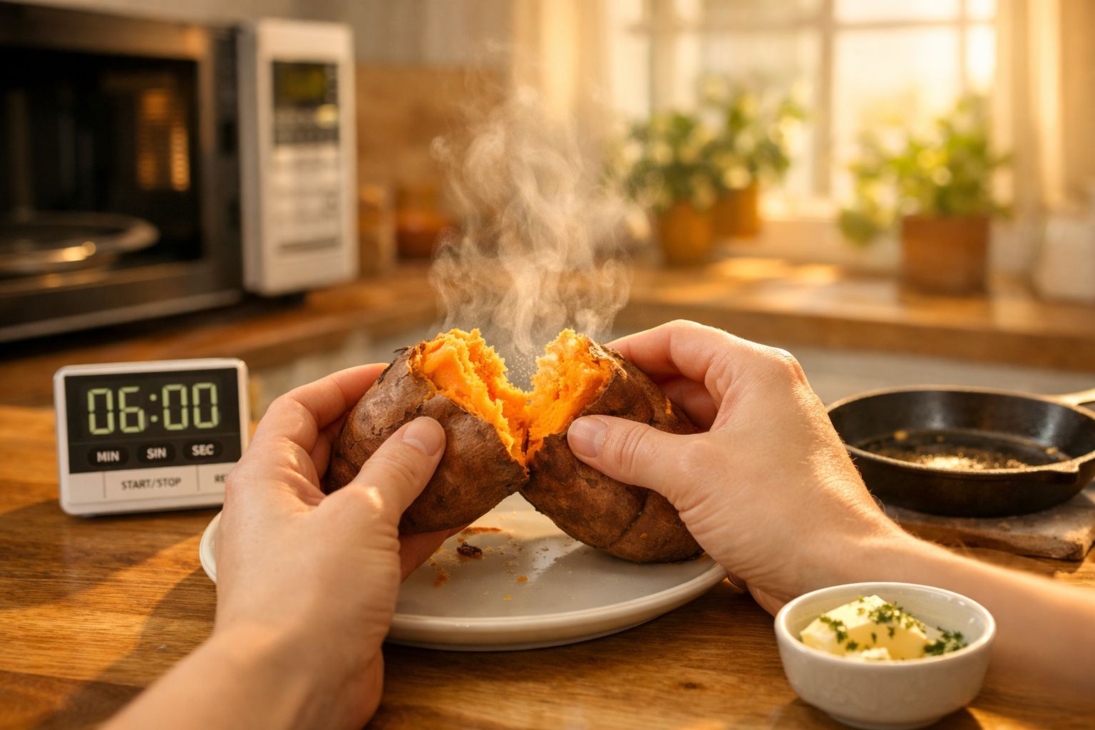 Mãos a partir uma batata-doce cozida a vapor numa cozinha, com vapor visível e temporizador a contar.