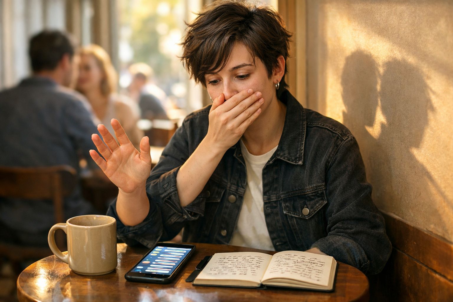 Pessoa jovem sentada num café com expressão de surpresa, olhando para o telemóvel e um diário aberto à sua frente.