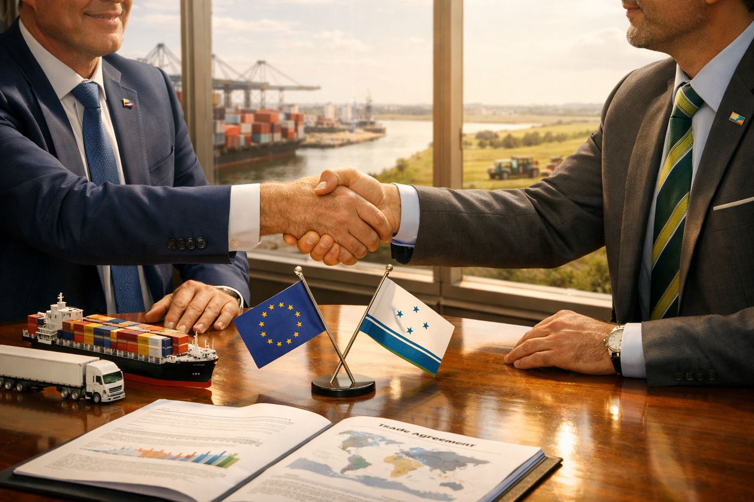 Duas pessoas a apertar as mãos numa mesa com bandeiras da União Europeia e outra entidade, vista de porto de contentores.