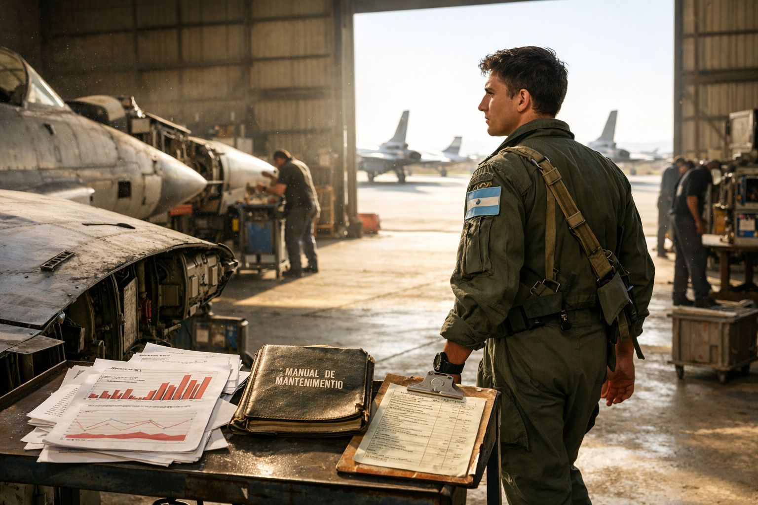 Soldado com uniforme verde e bandeira da Argentina numa oficina de manutenção de aviões militares.