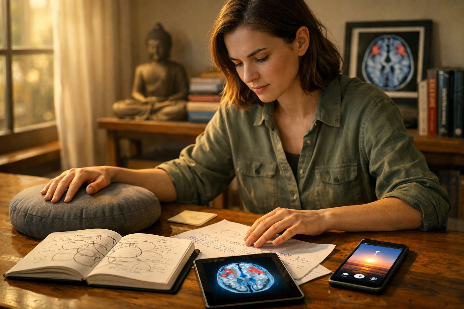 Mulher a estudar neurociências com livros, notas, e uma imagem cerebral num tablet numa mesa de madeira.