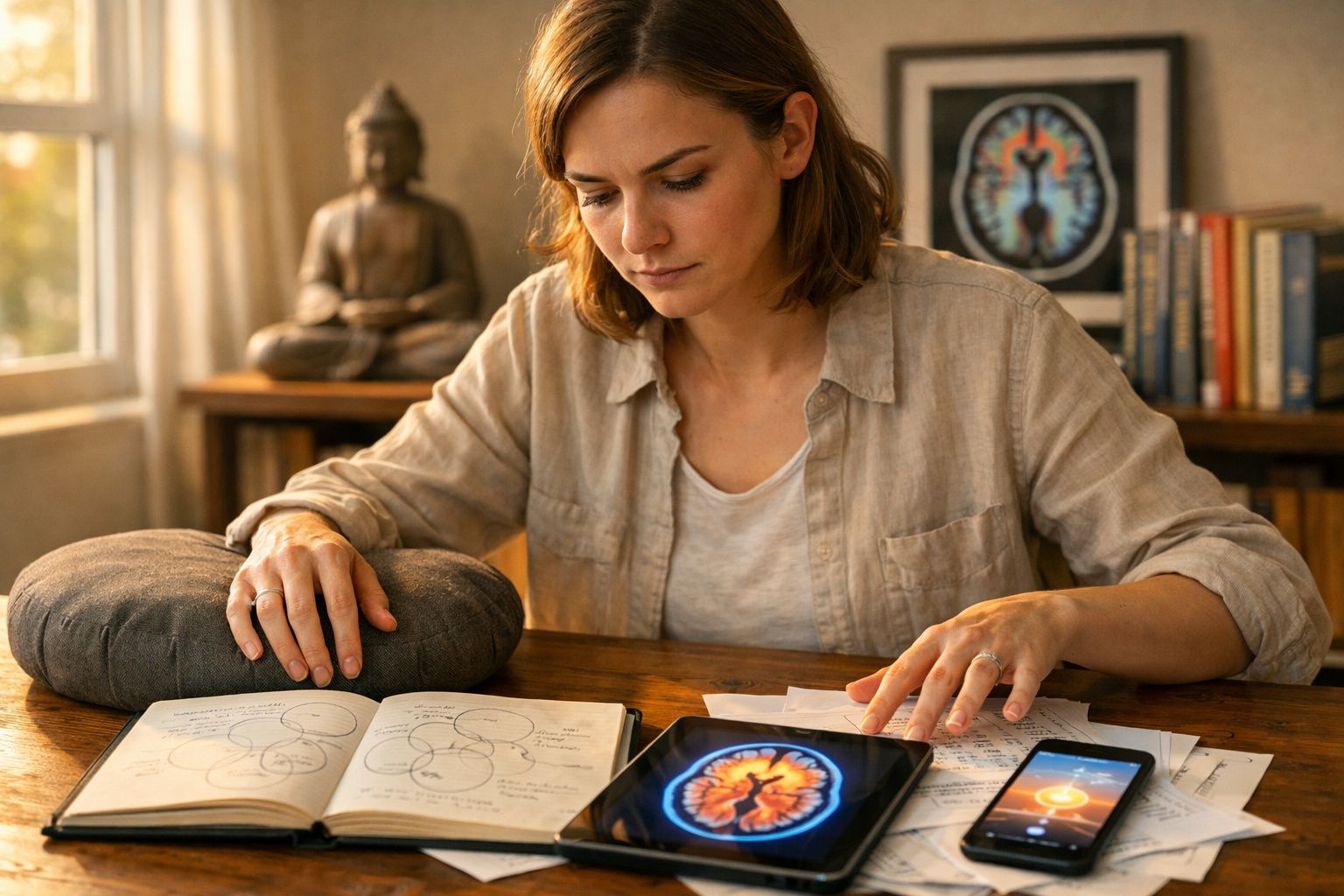 Mulher a estudar neurociência com livros, tablet a mostrar imagem do cérebro e smartphone na secretária.