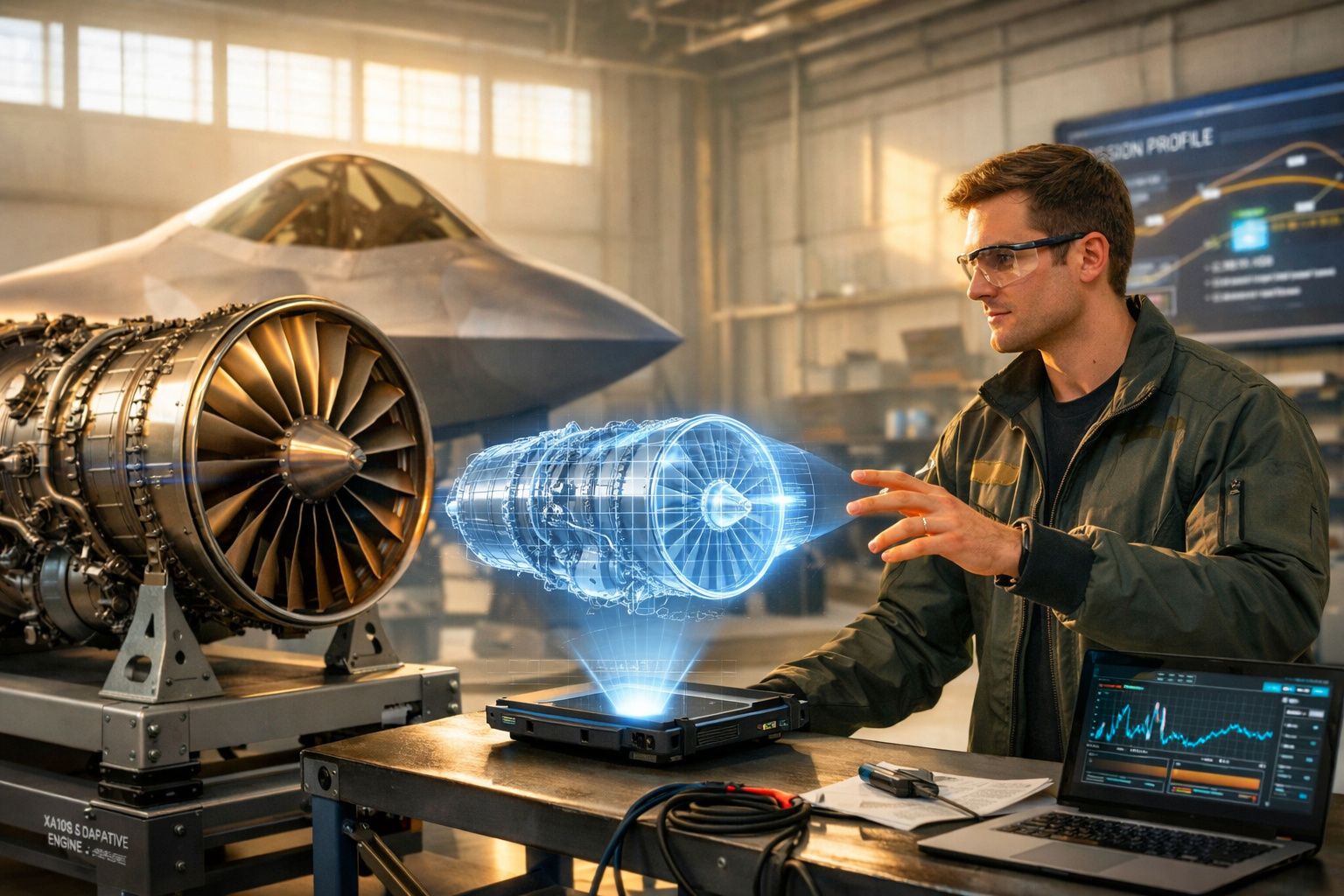Engenheiro a analisar modelo holográfico 3D de motor de avião numa oficina com jacto ao fundo.