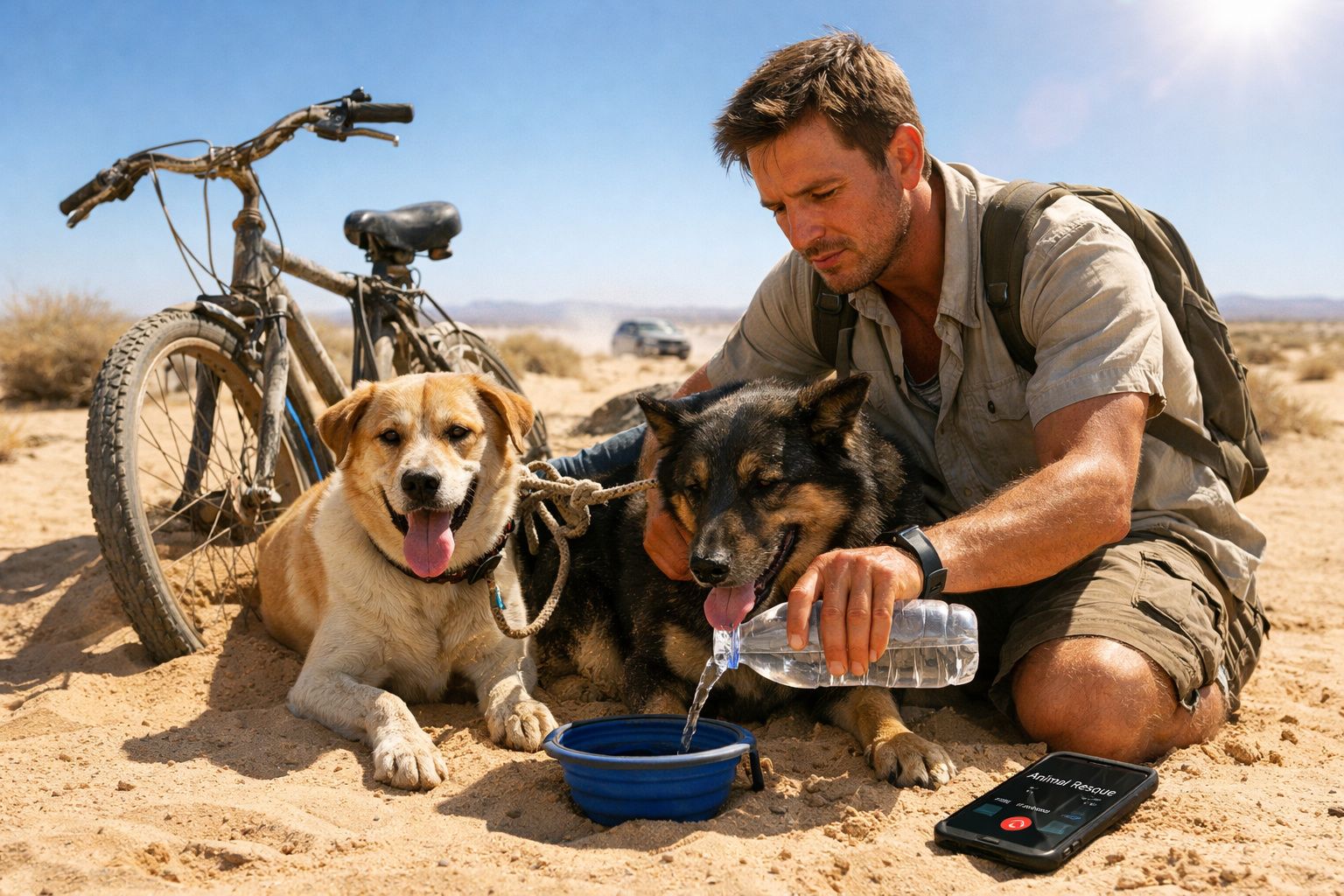 Homem dá água a dois cães junto a uma bicicleta no deserto num dia de sol.