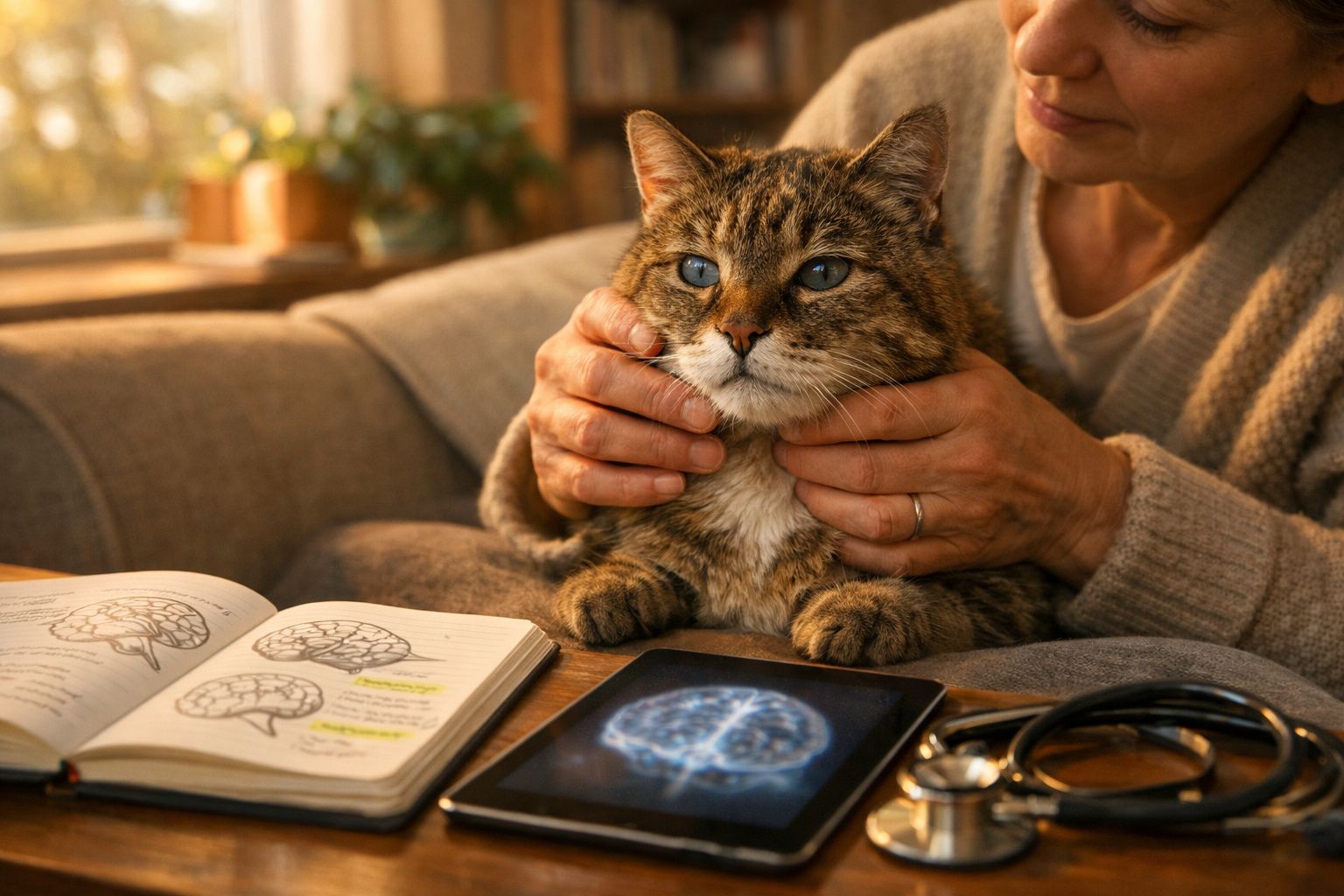 Pessoa segura gato tigrado com olhos azuis junto a livro, tablet com imagem de cérebro e estetoscópio.