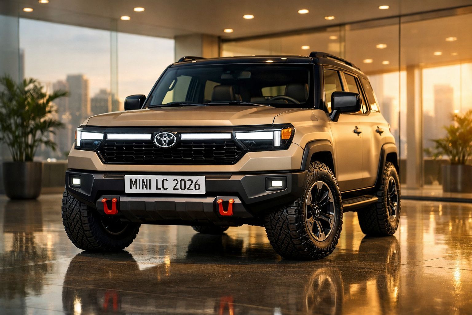 Automóvel Toyota off-road bege estacionado em chão polido dentro de um edifício moderno.