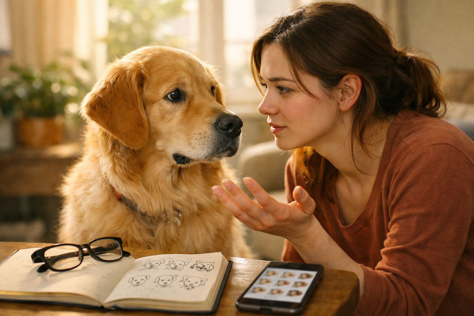 Mulher a olhar e comunicar com um cão labrador dourado numa sala acolhedora.