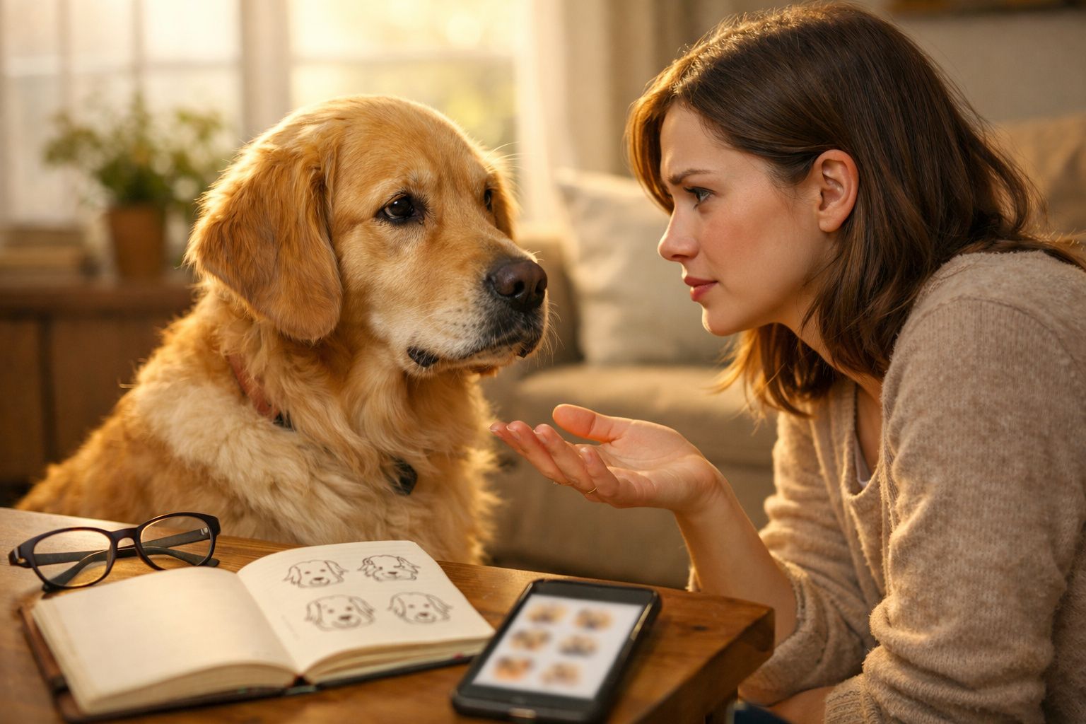 Mulher sentada em frente a um cão golden retriever, conversando com ele numa sala iluminada.