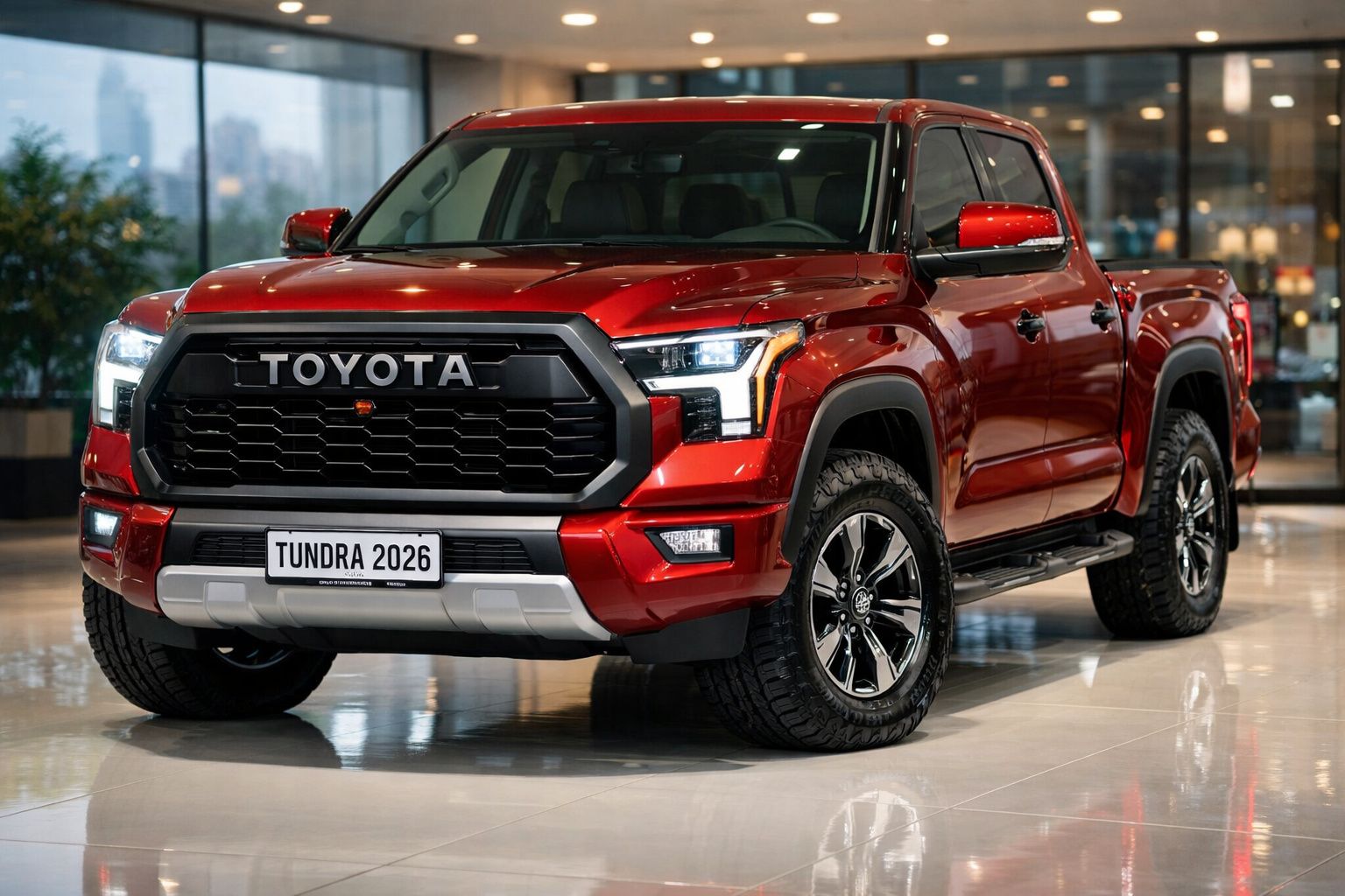 Picape Toyota Tundra 2026 vermelha exibida em ambiente moderno e iluminado.