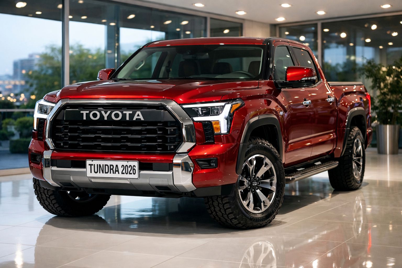Picape Toyota Tundra 2026 vermelha exposta em showroom moderno com iluminação interior.
