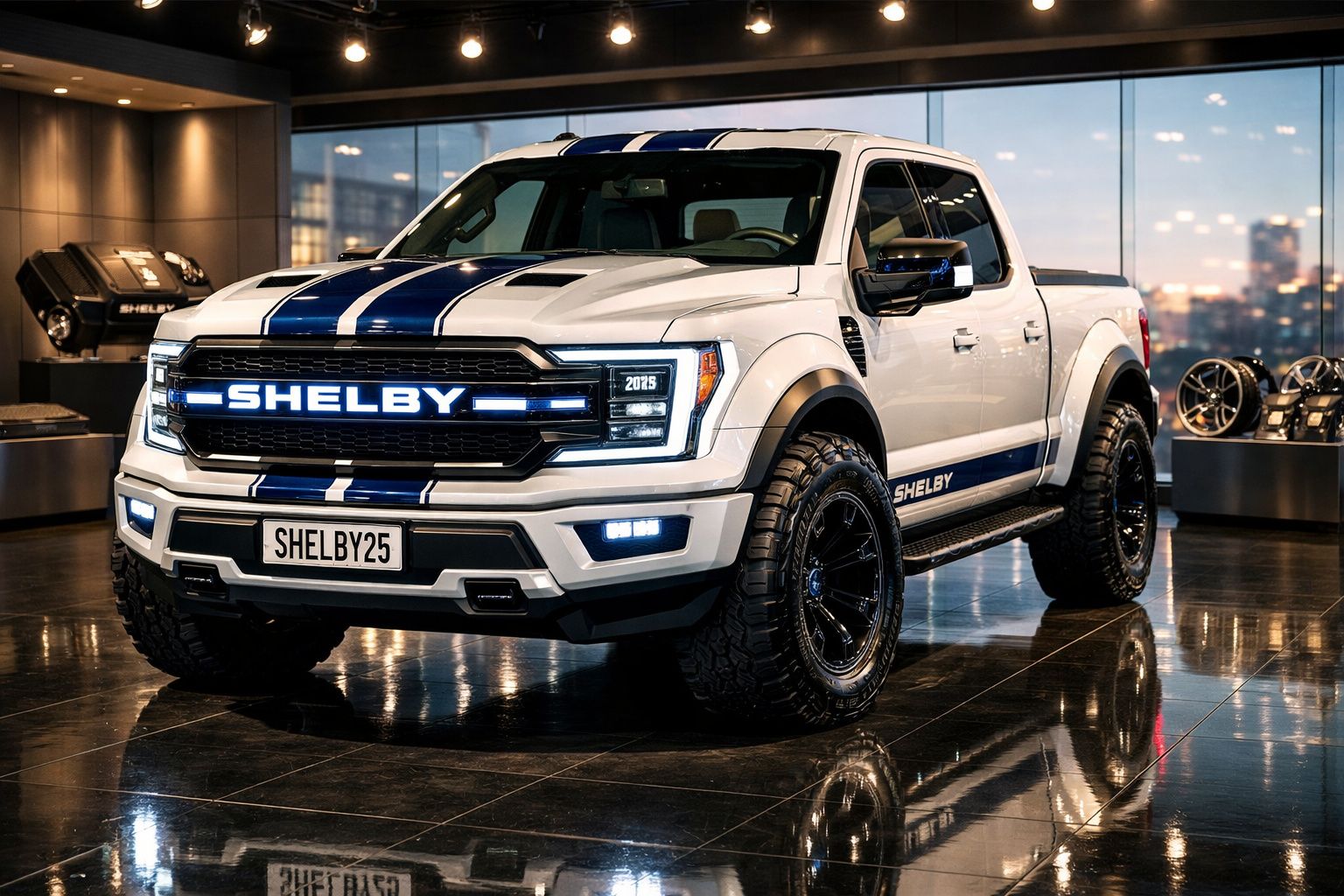 Pick-up branca Shelby com riscas azuis, pneus robustos, exibida num salão moderno com chão refletor.