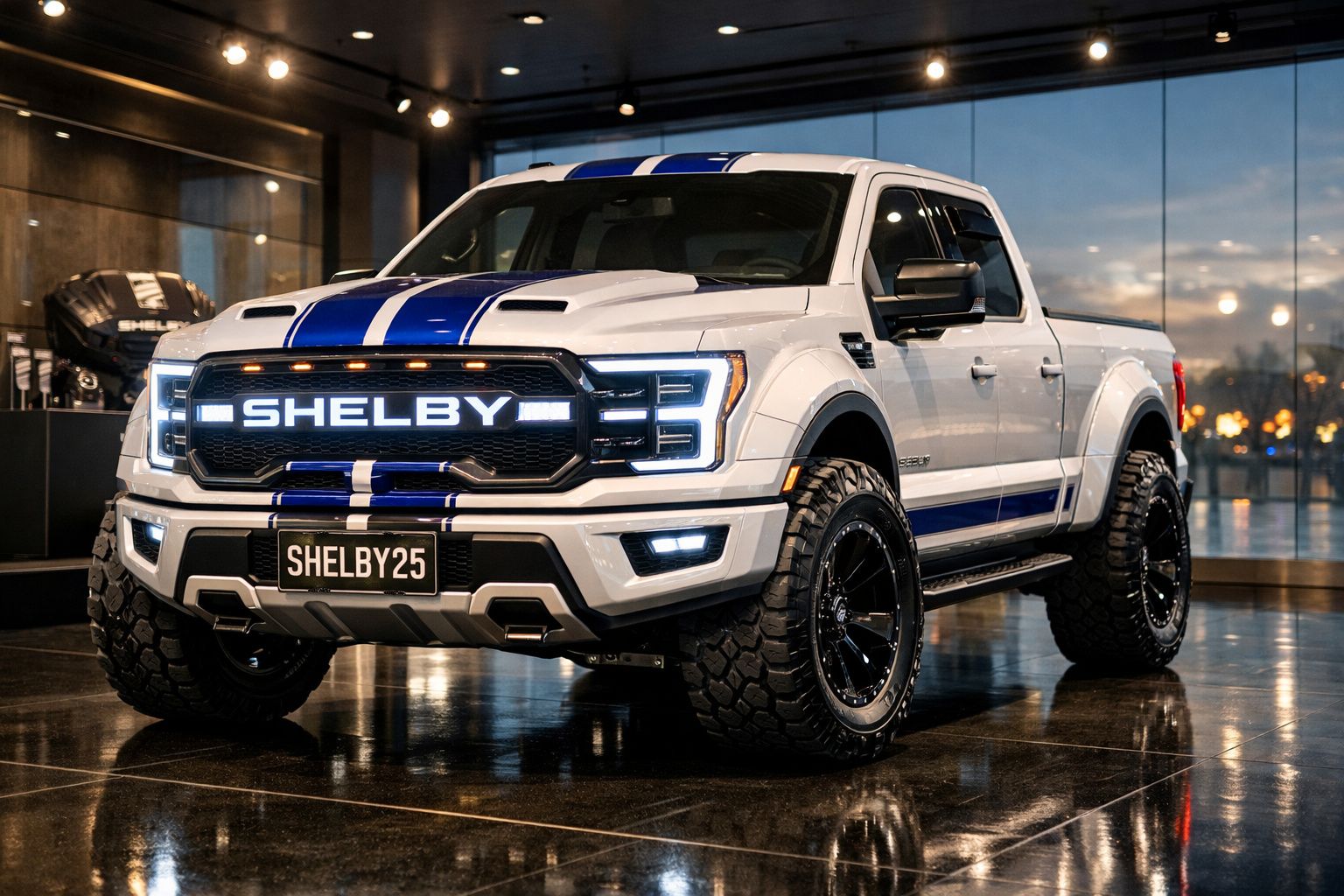 Pick-up branca Shelby com riscas azuis e faróis LED exposta em showroom moderno.