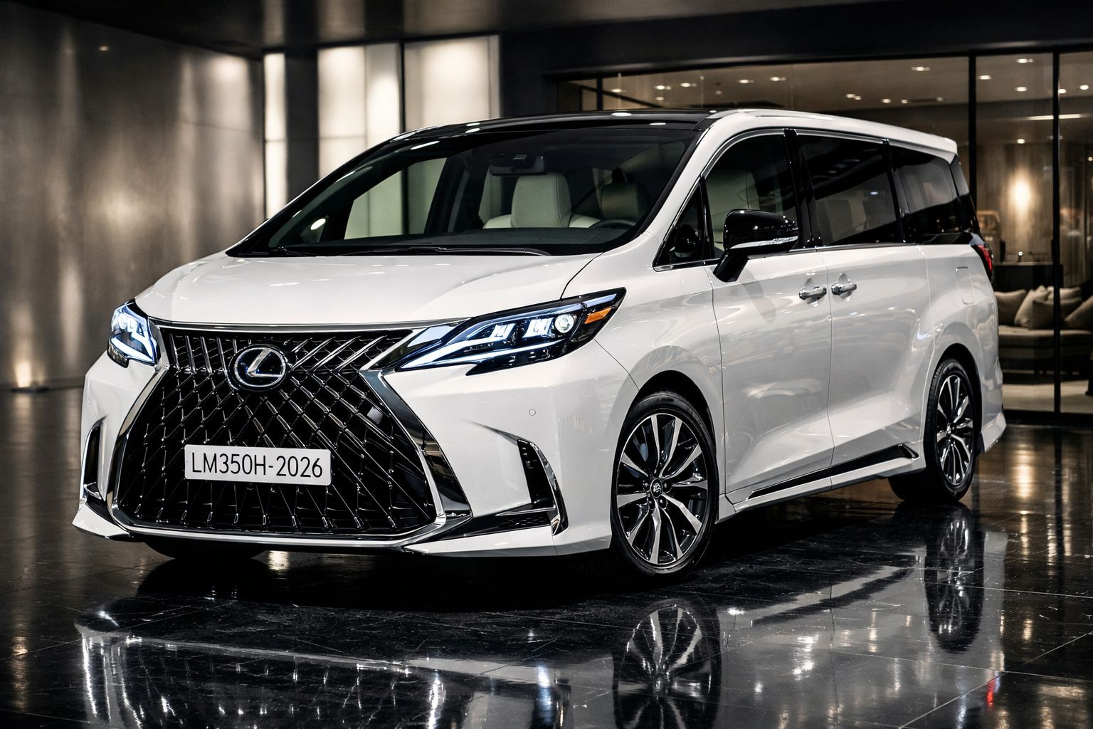 Carro Lexus LM350H 2026 branco estacionado em ambiente moderno com piso refletor e iluminação interior.
