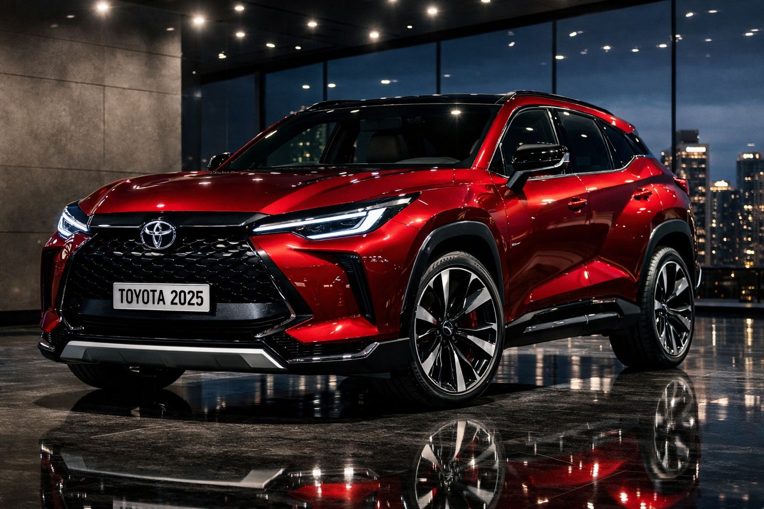 SUV Toyota vermelho modelo 2025 em ambiente interior com iluminação moderna e reflexo no piso.