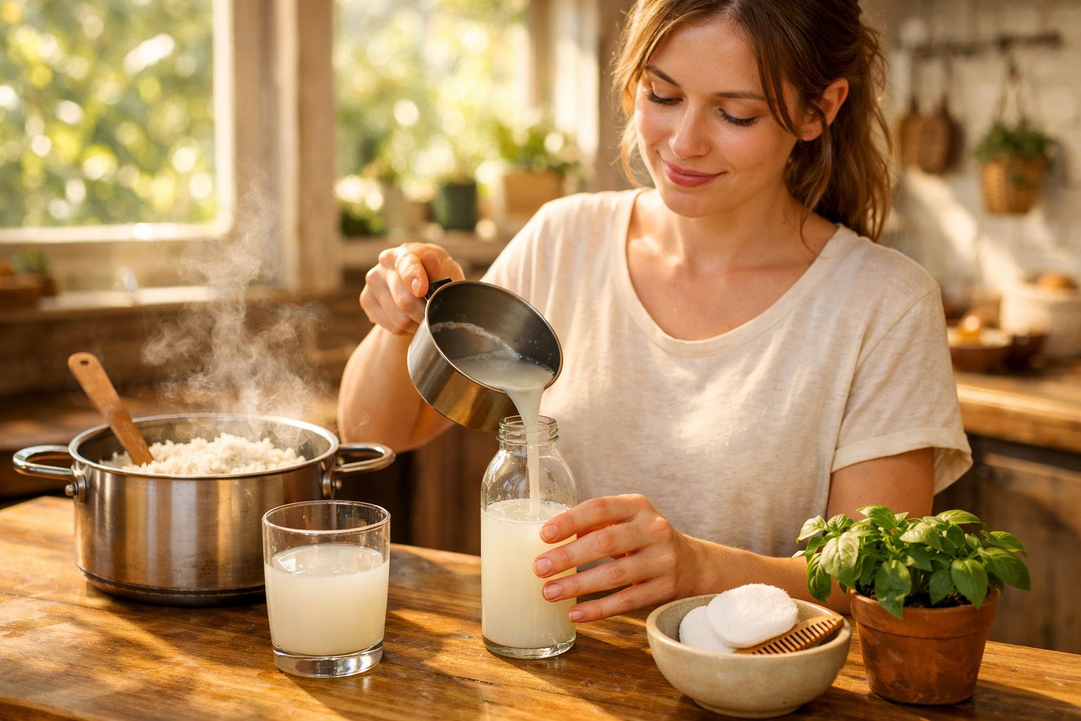 Mulher a verter líquido quente numa garrafa na cozinha rústica com panela de arroz e planta aromática.