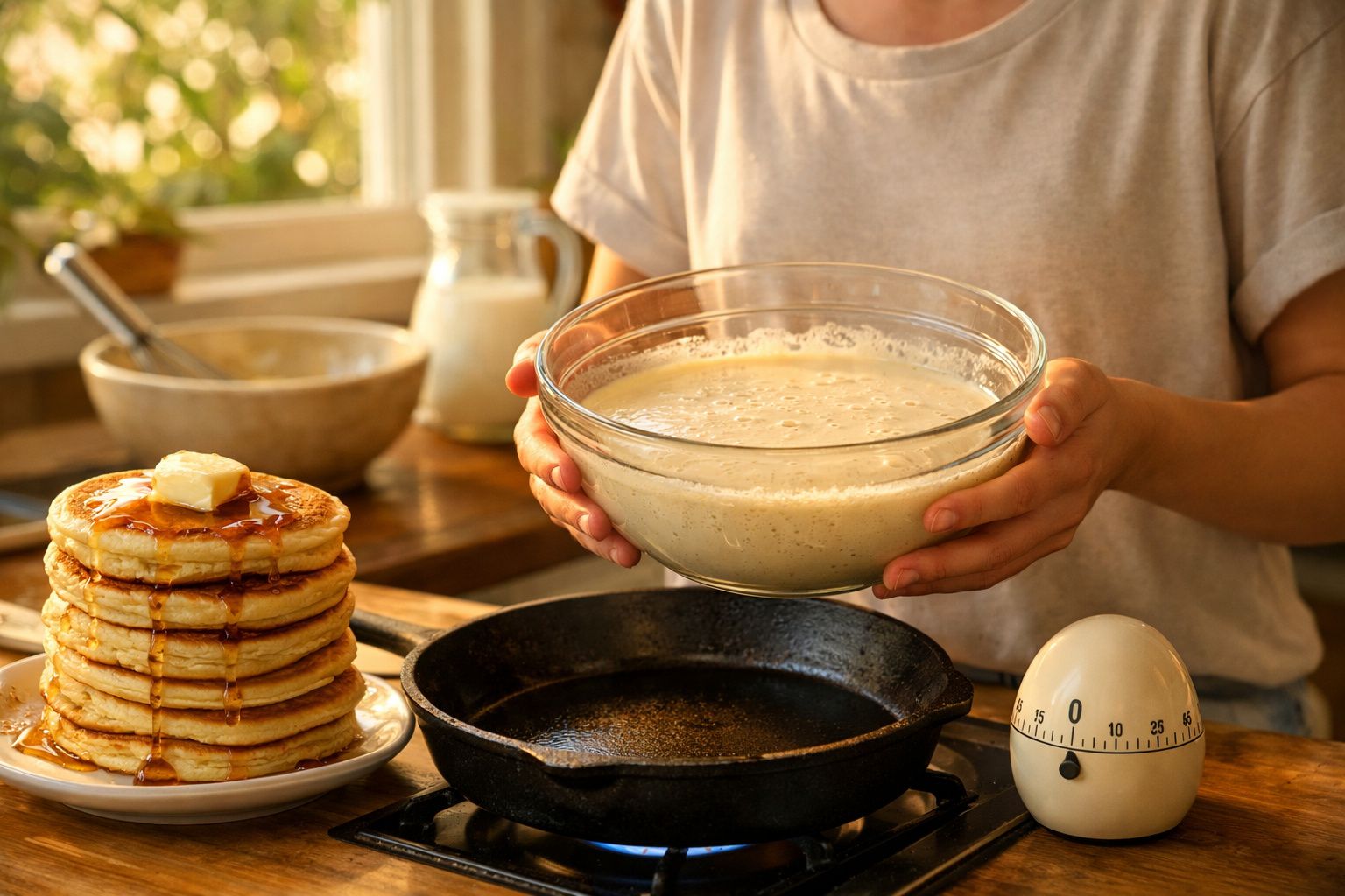 Pessoa a segurar uma tigela com massa para panquecas junto a frigideira, cronómetro e empilhado de panquecas com manteiga.