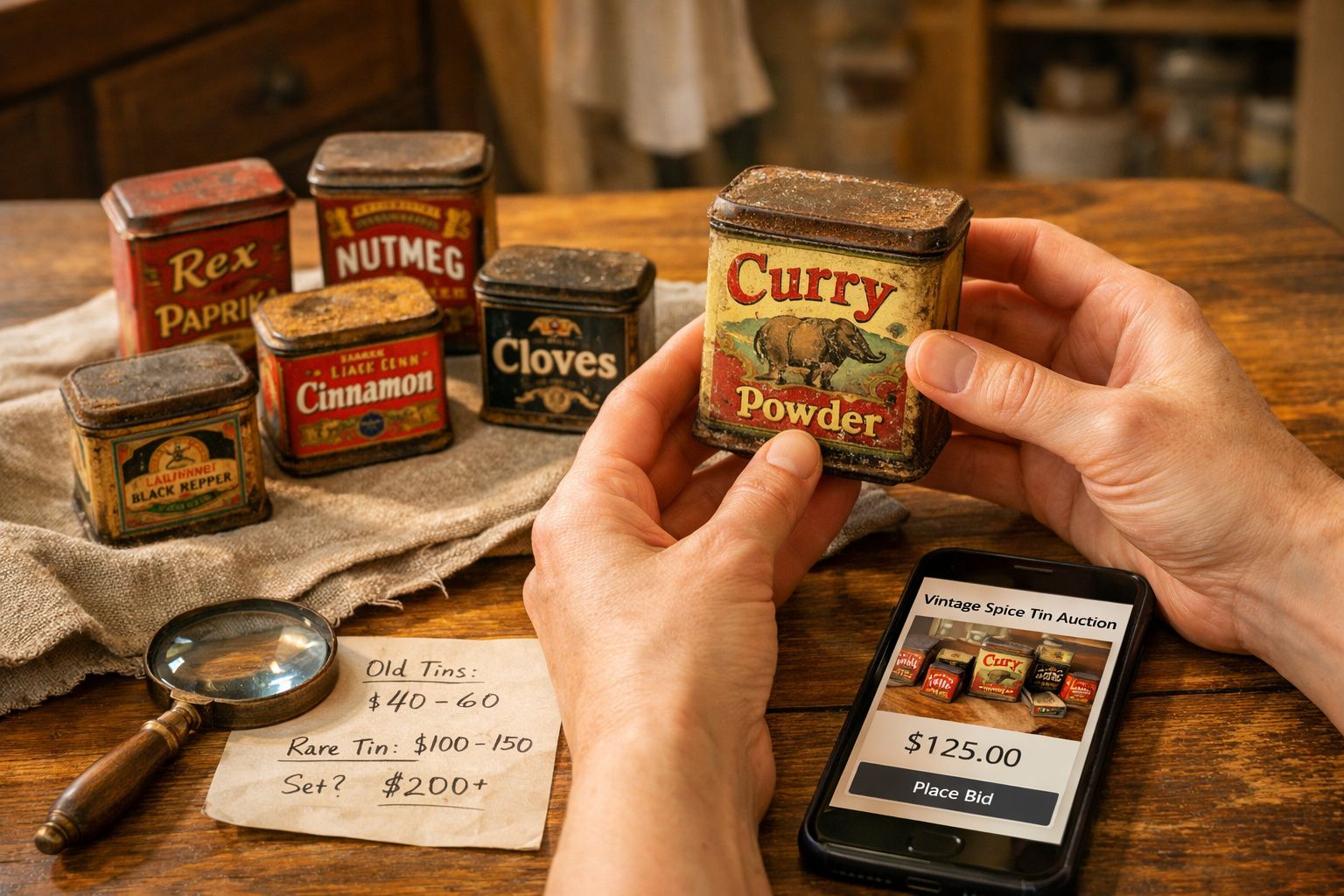 Mãos a segurar lata vintage de especiarias enquanto verificam leilão online no telemóvel.