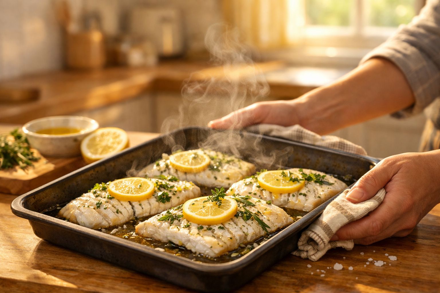 Pessoa segurando tabuleiro com postas de peixe assado com limão e ervas, fumegante, num ambiente de cozinha.
