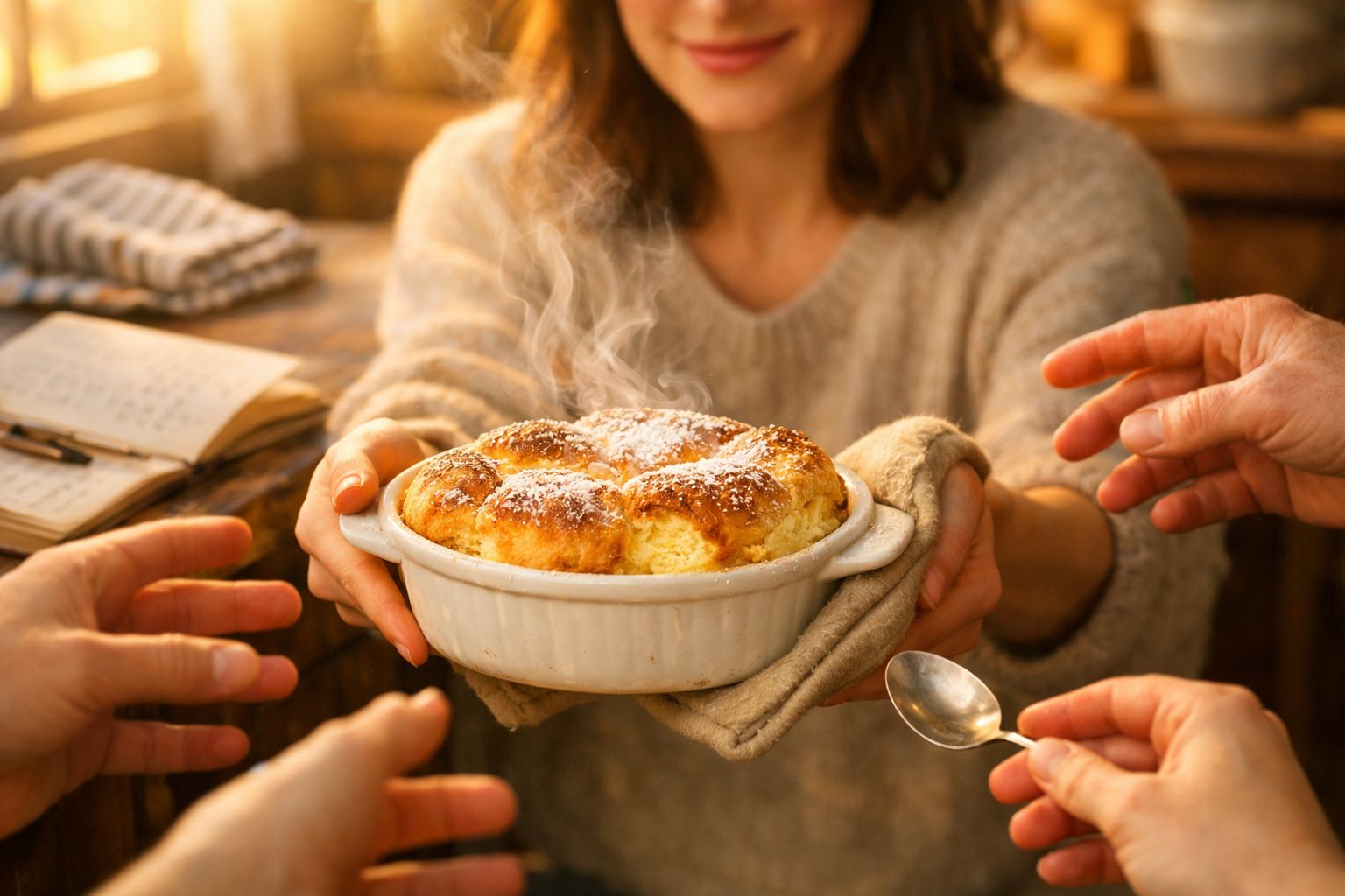 Pessoa a oferecer uma tigela com pão acabado de sair do forno, fumegante e polvilhado com açúcar em pó.