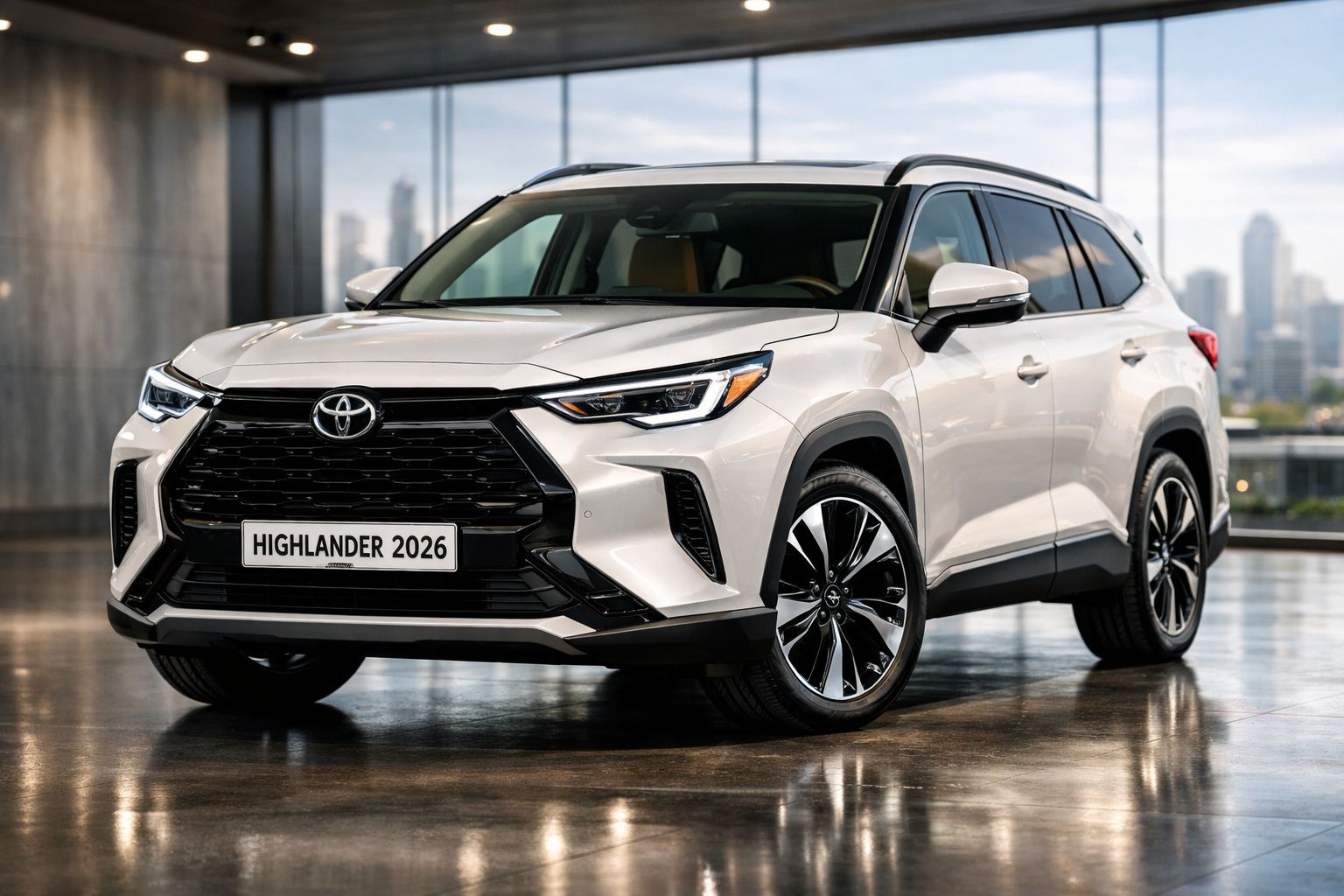 Toyota Highlander 2026 branco estacionado em piso interior brilhante, com fundo de janelas e cidade ao longe.