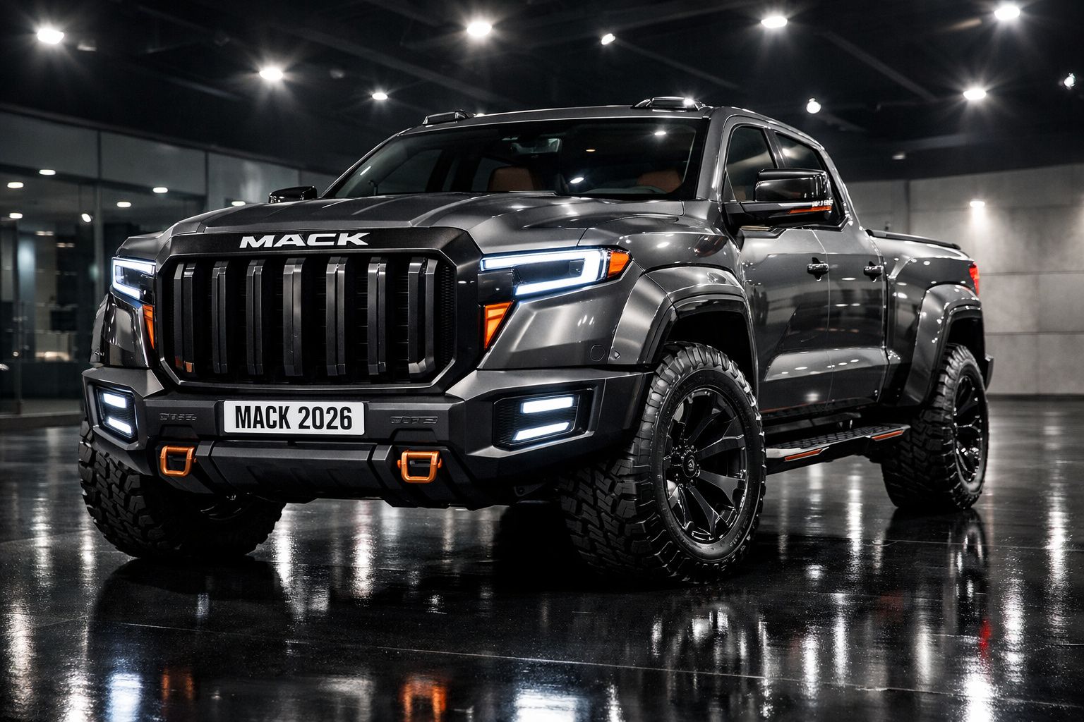 Pick-up preta Mack 2026 com luzes LED, pneus robustos e design moderno, estacionada num interior iluminado.