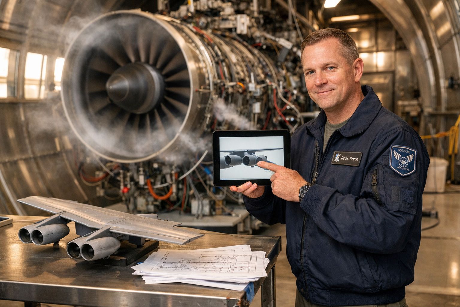 Homem em uniforme apresenta modelo de avião e imagem de motores num tablet dentro de hangar com motor de avião ao fundo.