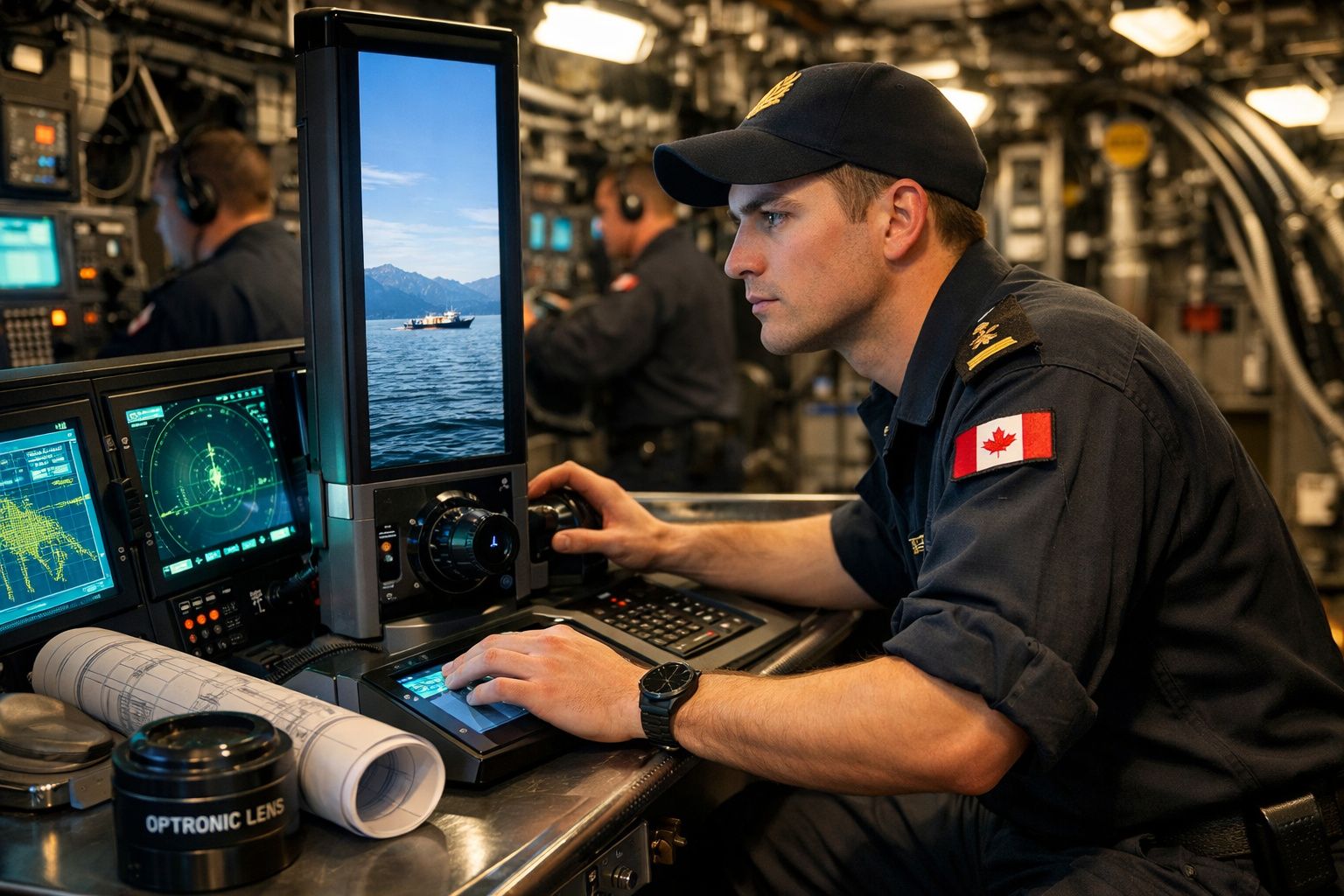 Marinheiro canadiano a operar sistemas de navegação num navio, com ecrãs e mapas náuticos visíveis.