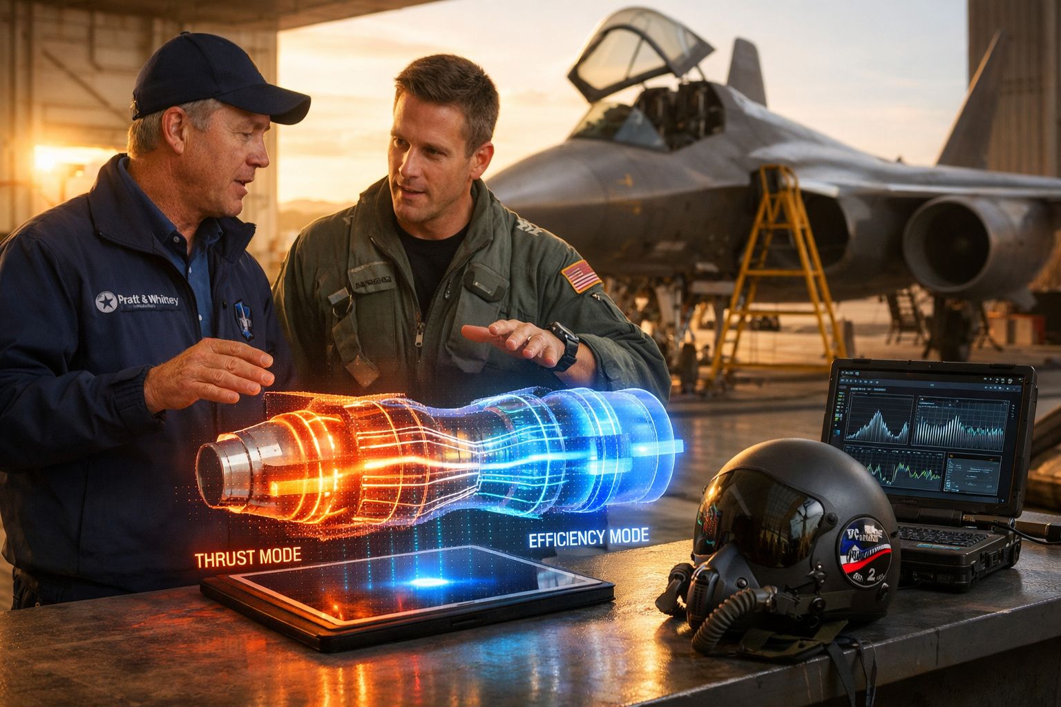 Dois homens discutem um holograma de motor de avião em hangar com jato militar e equipamento tecnológico ao fundo.