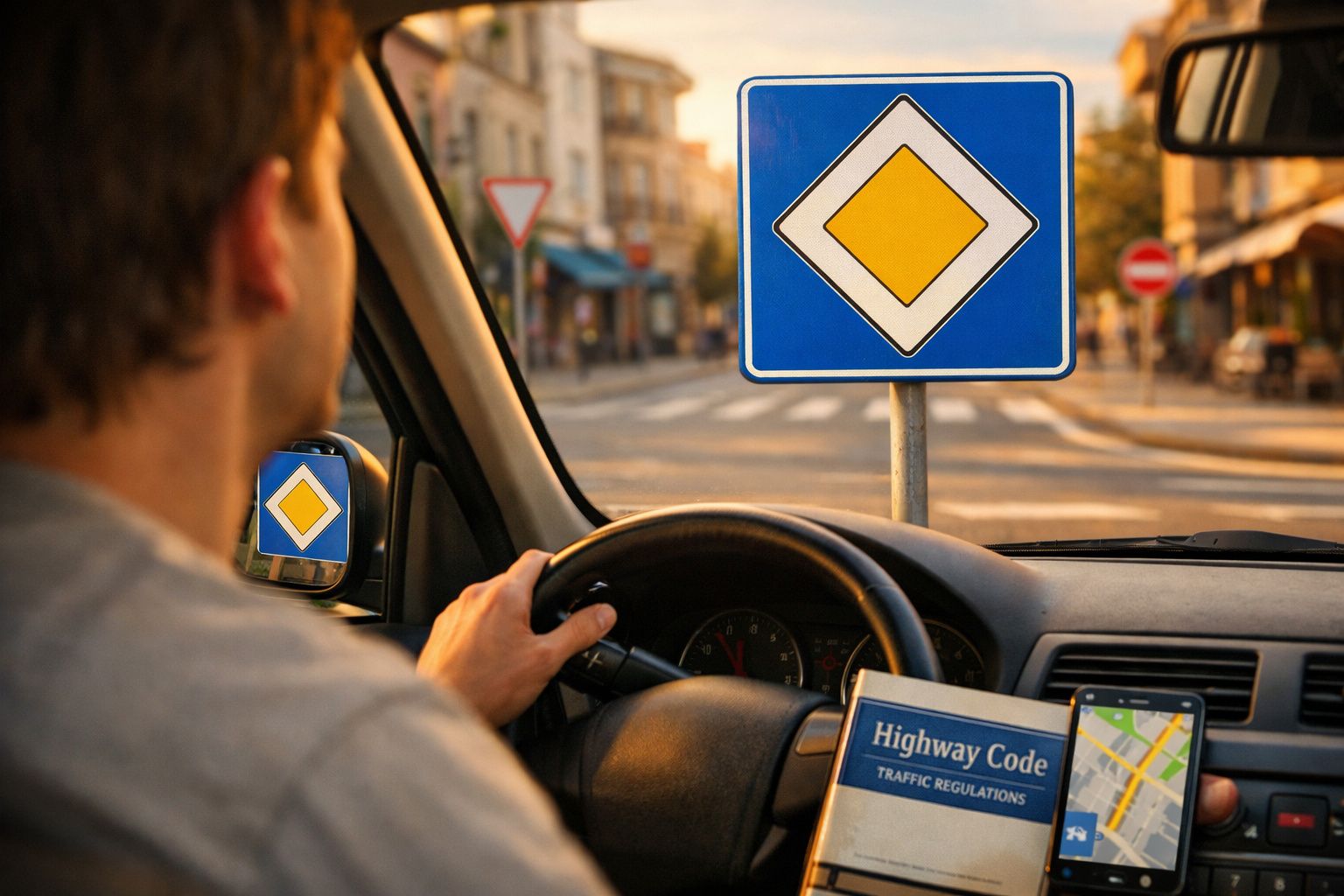 Condutor a olhar um sinal de trânsito de prioridade numa estrada urbana com manual e GPS no carro.