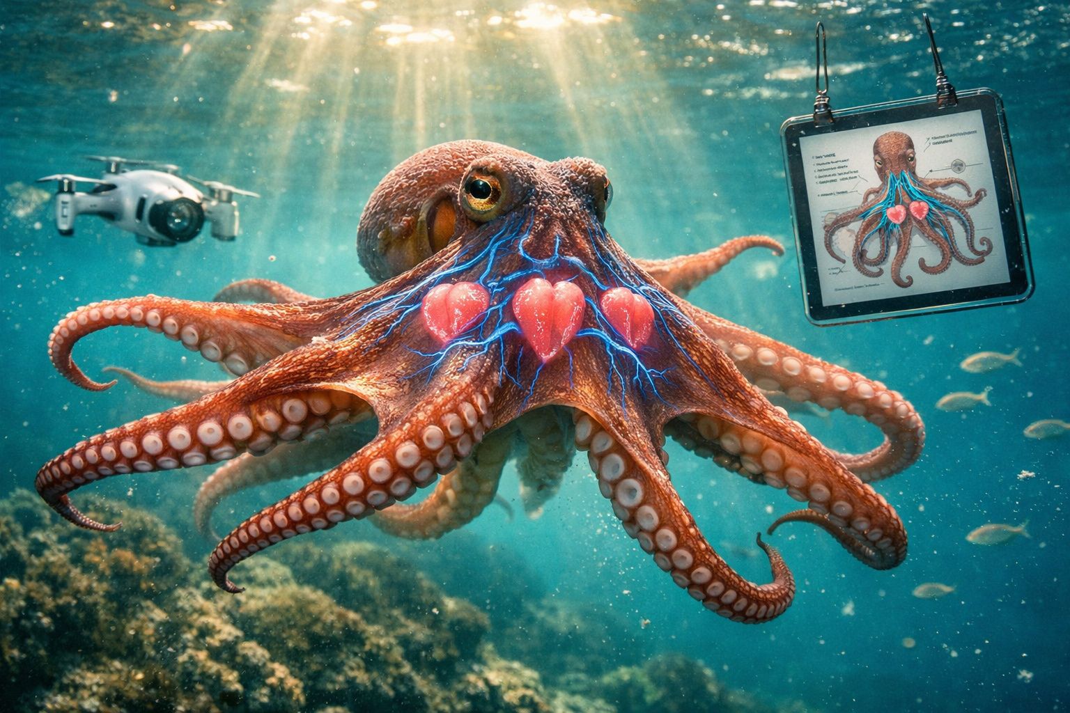 Polvo com três corações e veias iluminadas em ambiente subaquático, acompanhado de tablet e drone.