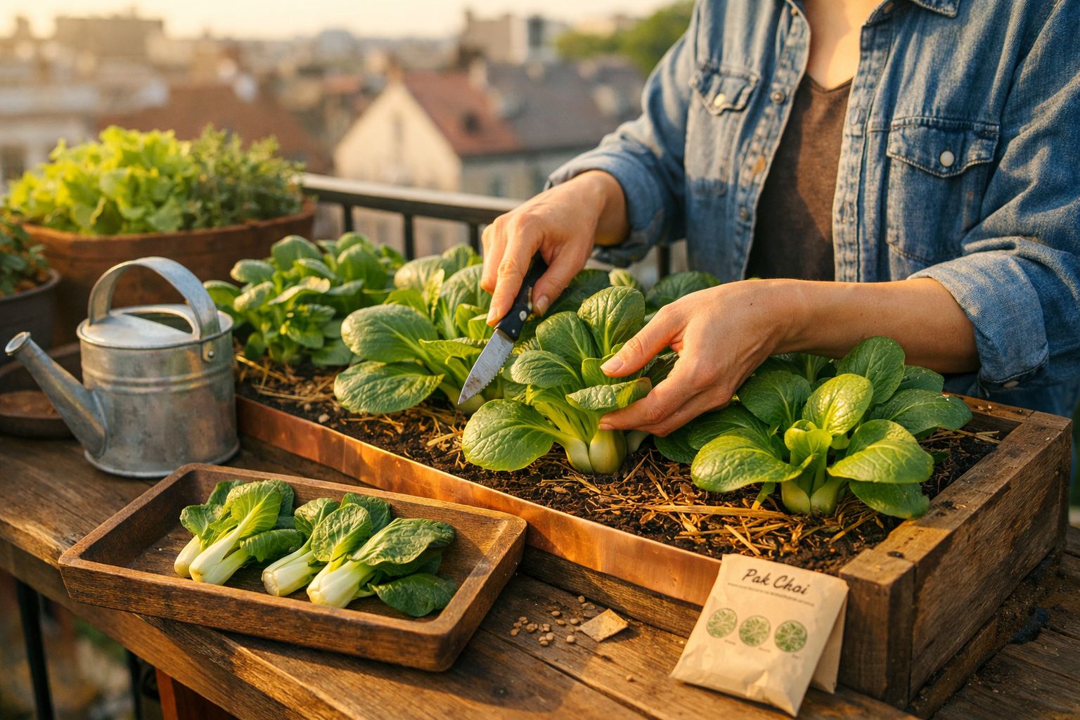 Pessoa a colher alface miniatura numa horta urbana com regador e pequenos vegetais à mesa.